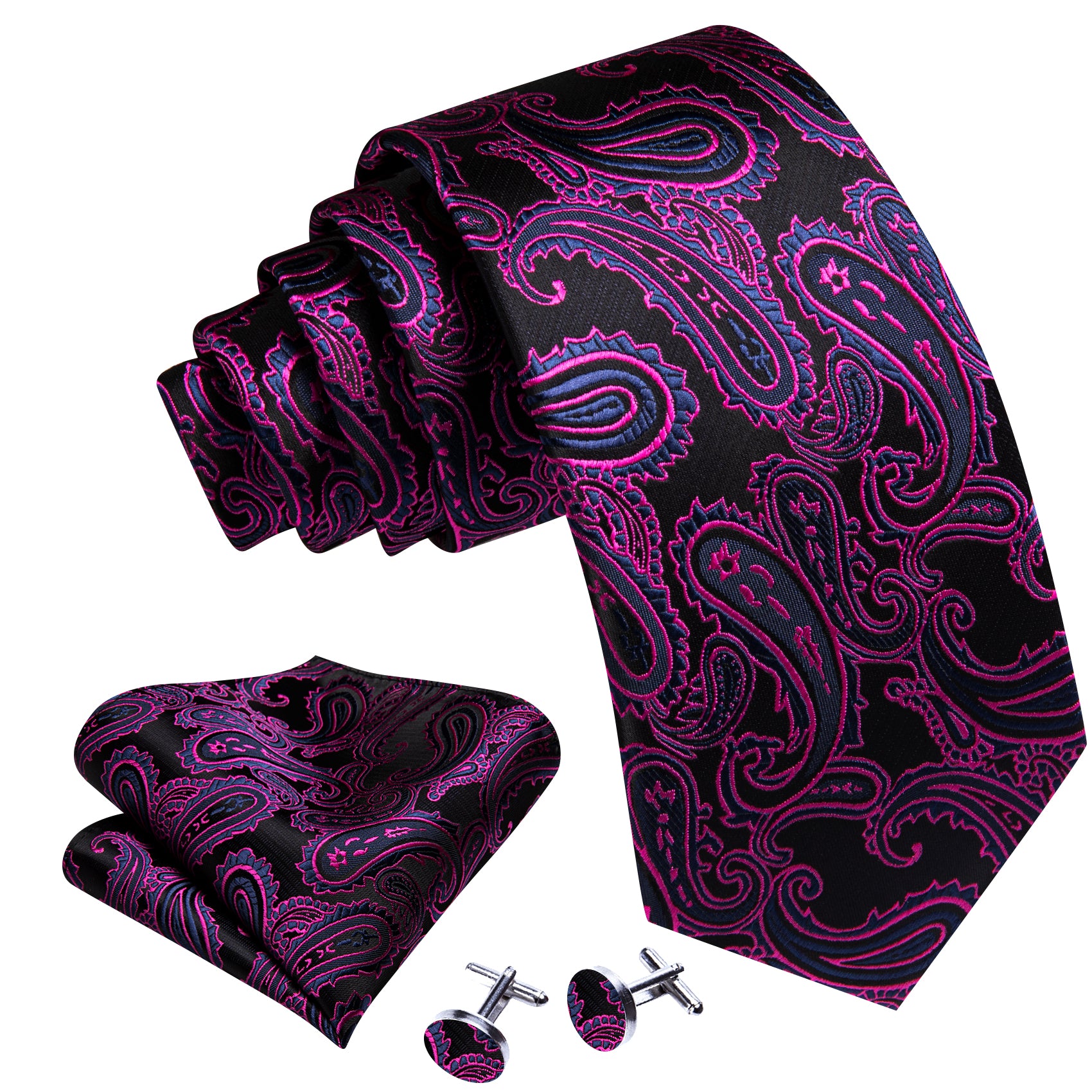 Red Violet Black Paisley Silk Tie Handkerchief Cufflinks Set
