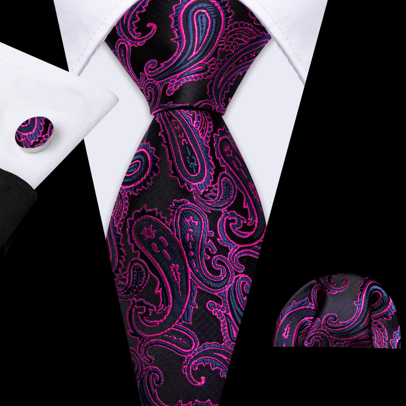 Red Violet Black Paisley Silk Tie Handkerchief Cufflinks Set