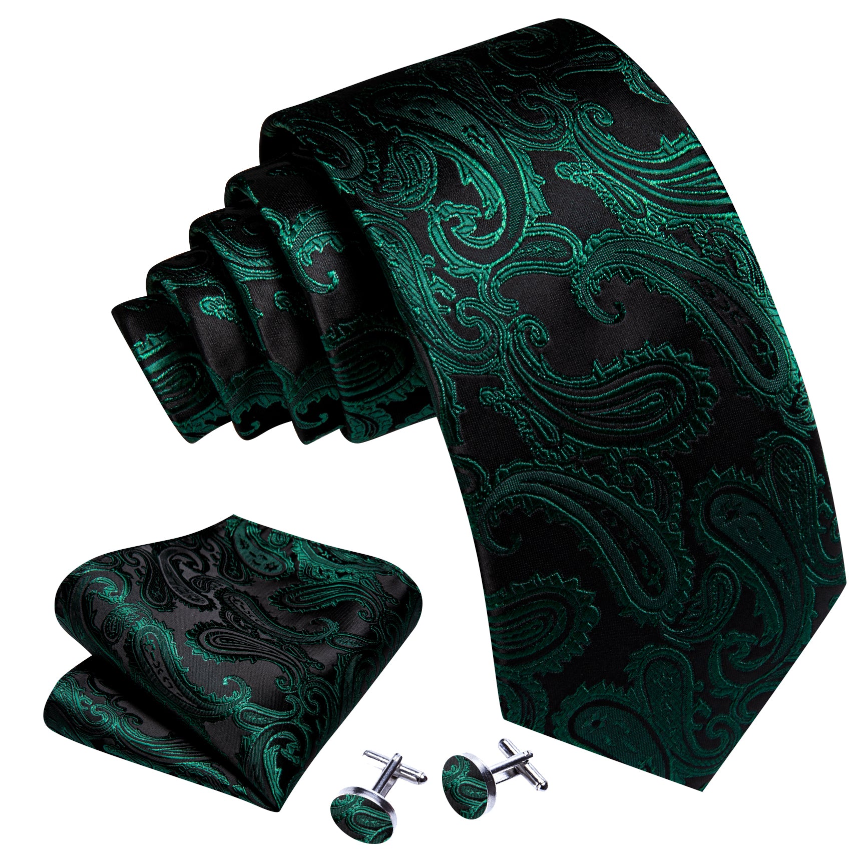 Barry Wang Dark Green Paisley Silk Tie Handkerchief Cufflinks Set