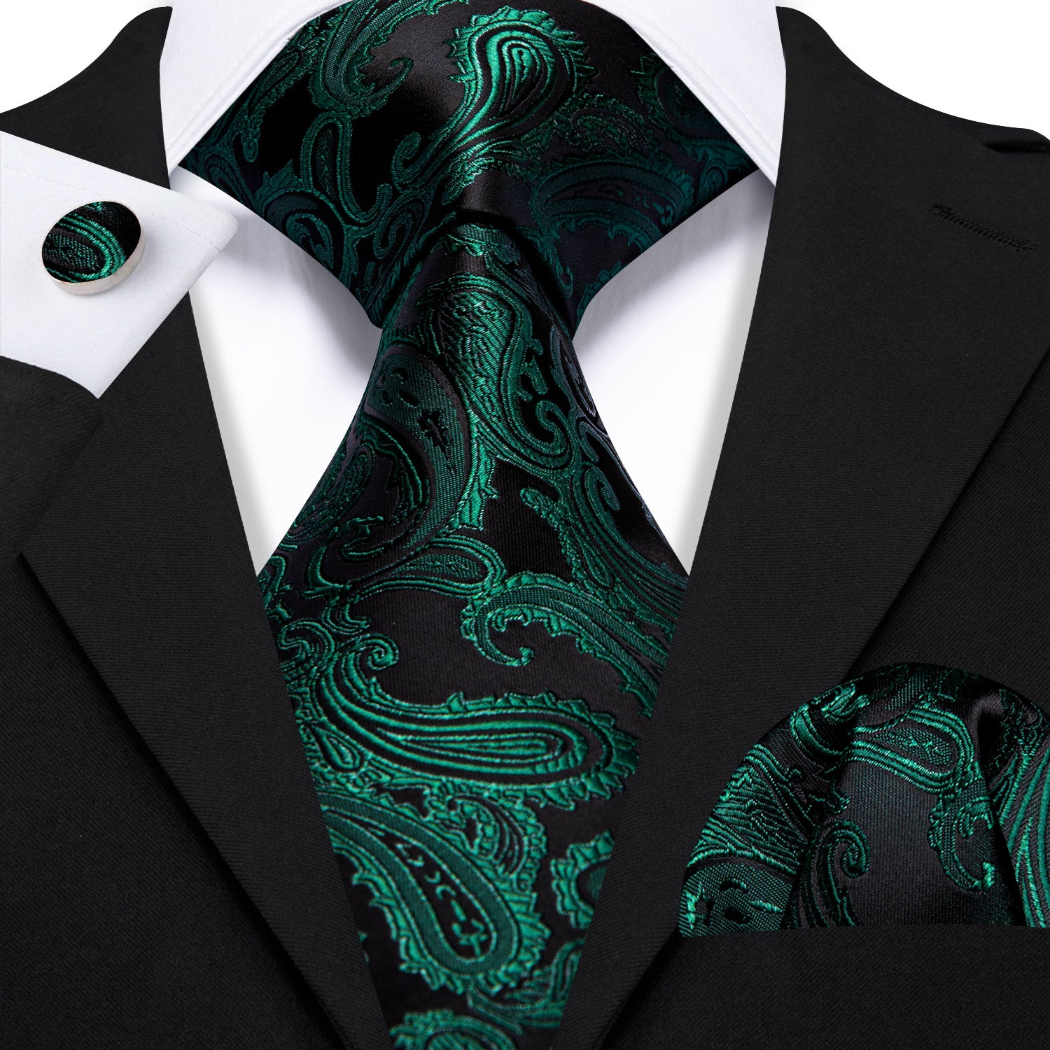 Dark Green Paisley Silk Tie Handkerchief Cufflinks Set