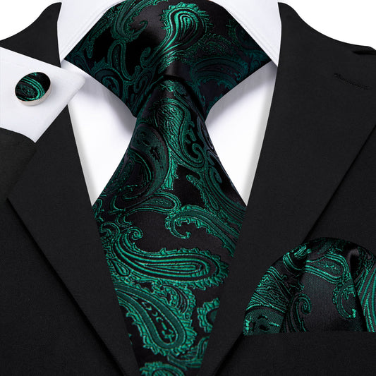 Barry. Wang Dark Green Paisley Silk Tie Handkerchief Cufflinks Set