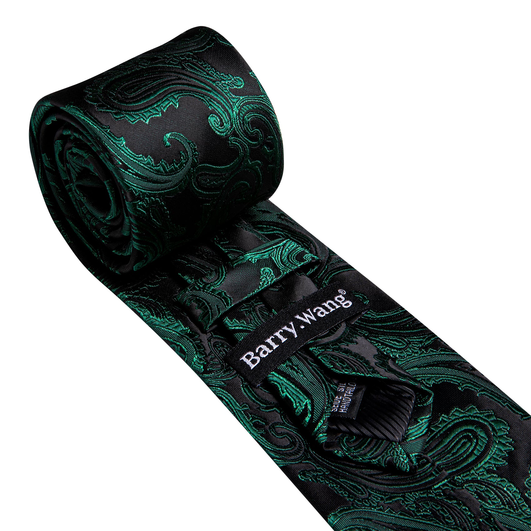 Barry Wang Dark Green Paisley Silk Tie Handkerchief Cufflinks Set
