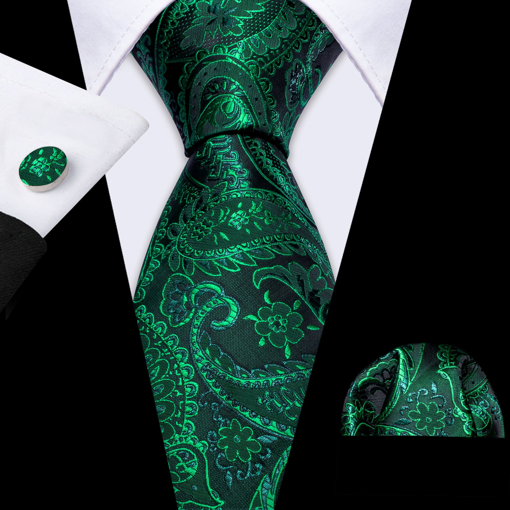 Barry Wang Green Tie Paisley Necktie Handkerchief Cufflinks Set