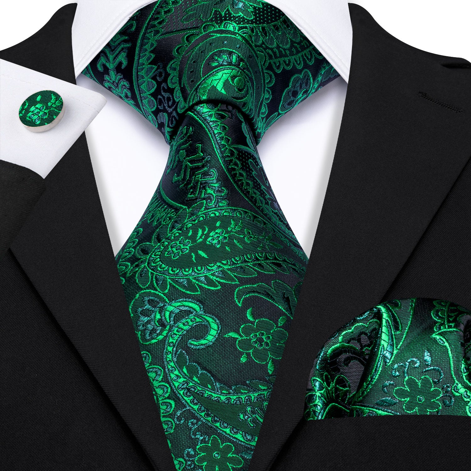 Barry Wang Green Tie Paisley Necktie Handkerchief Cufflinks Set