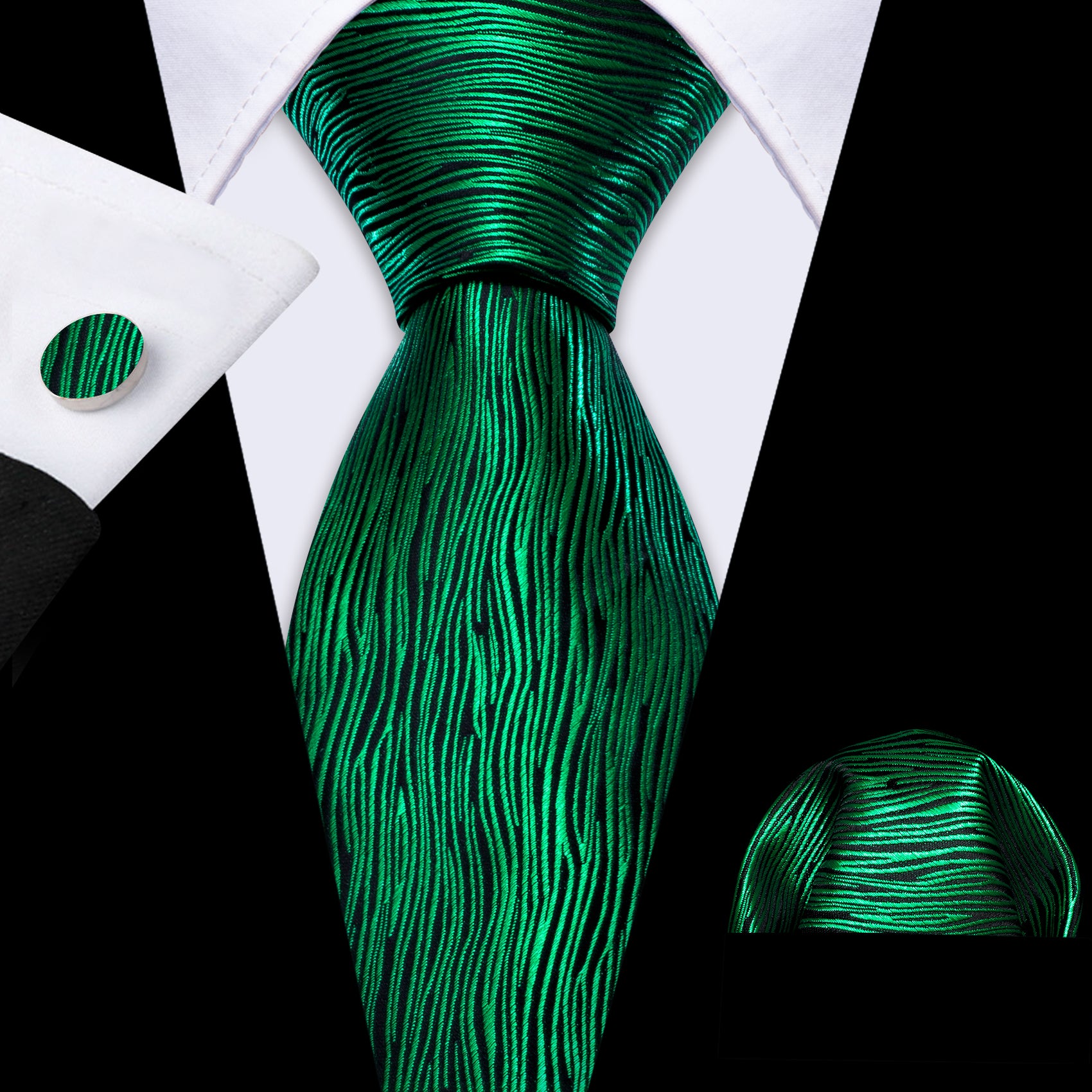 Novetly Green Striped Paisley Tie Handkerchief Cufflinks Set