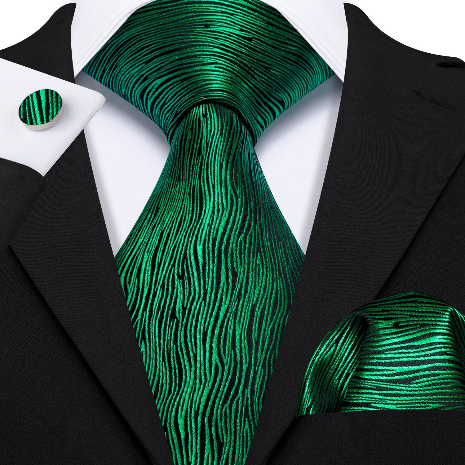 Barry Wang Novetly Green Striped Paisley Tie Handkerchief Cufflinks Set