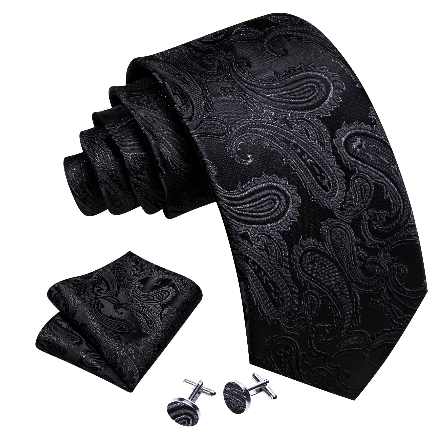 Black Paisley Silk Tie Hanky Cufflinks Set
