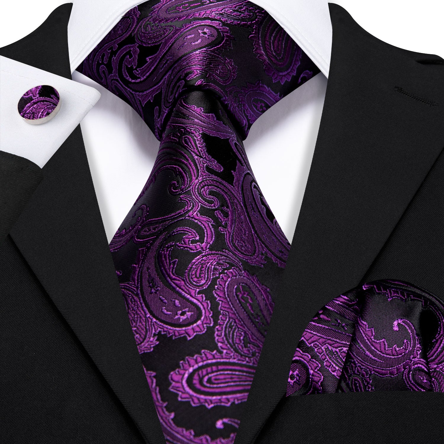 Violet Black Paisley Silk Tie Handkerchief Cufflinks Set