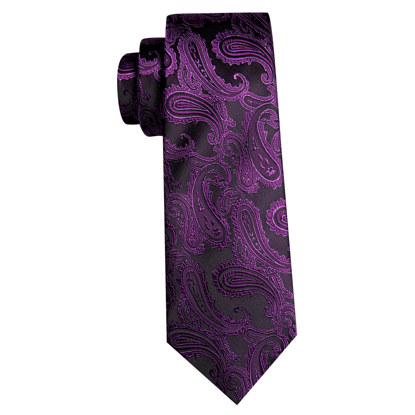 Violet Black Paisley Silk Tie Handkerchief Cufflinks Set
