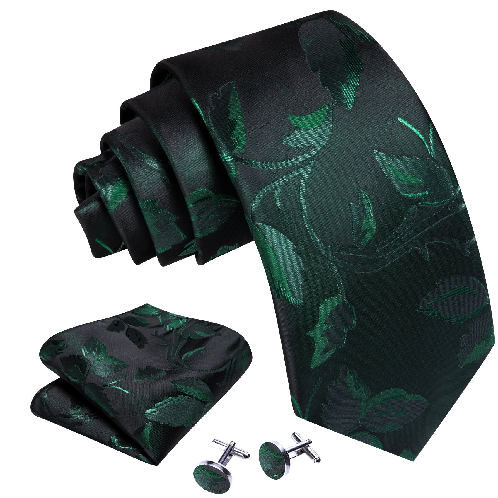 Black Green Floral Silk Tie Handkerchief Cufflinks Set