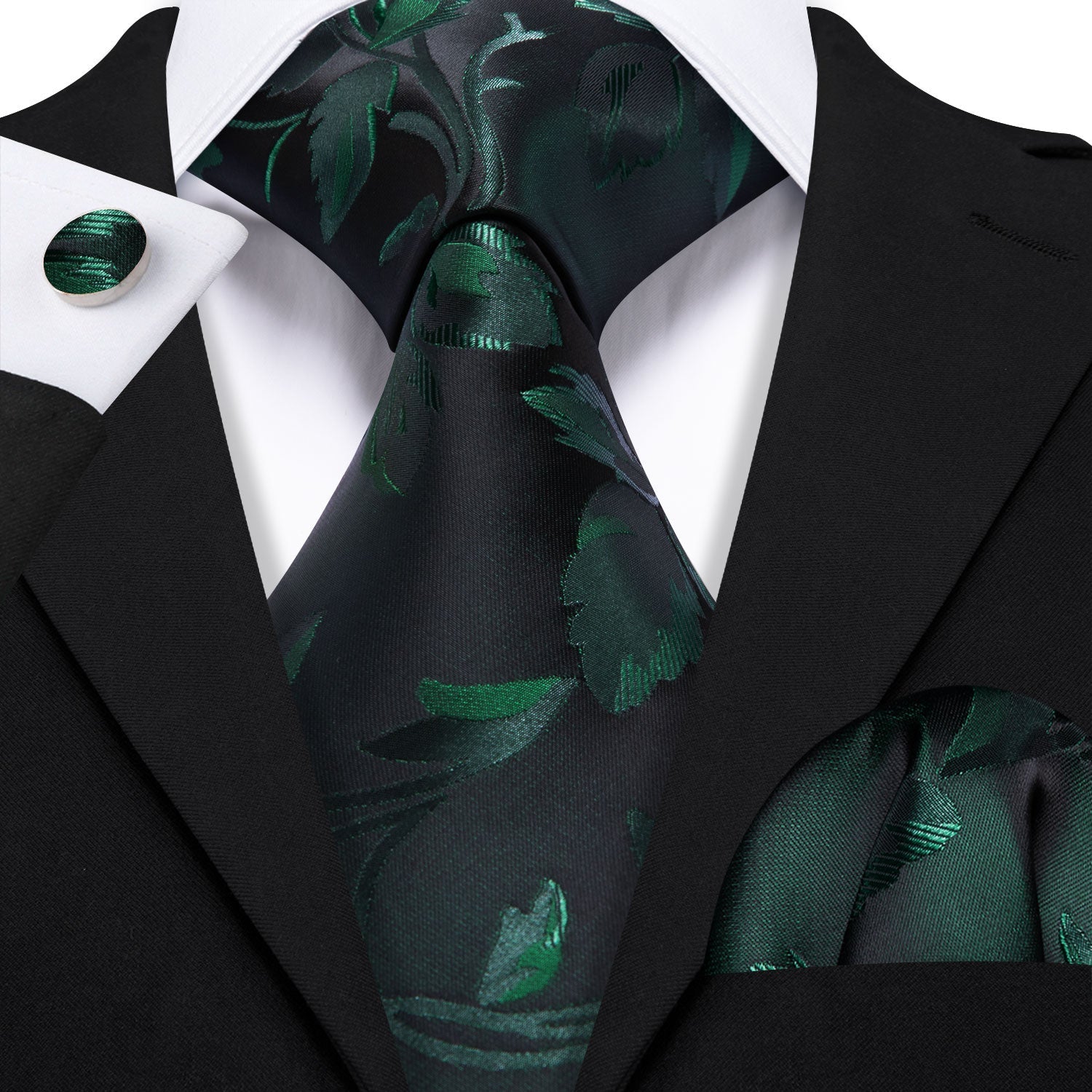 Barry Wang Black Green Floral Silk Tie Handkerchief Cufflinks Set