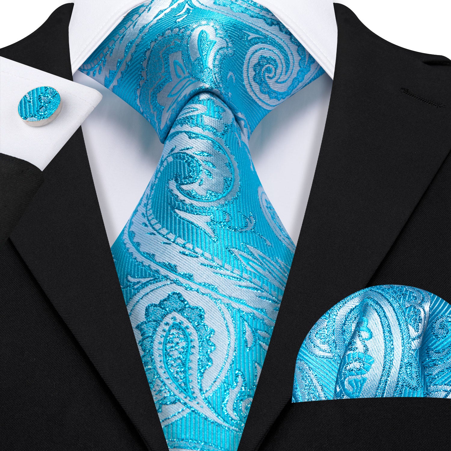Sky Blue Paisley Silk Tie Handkerchief Cufflinks Set
