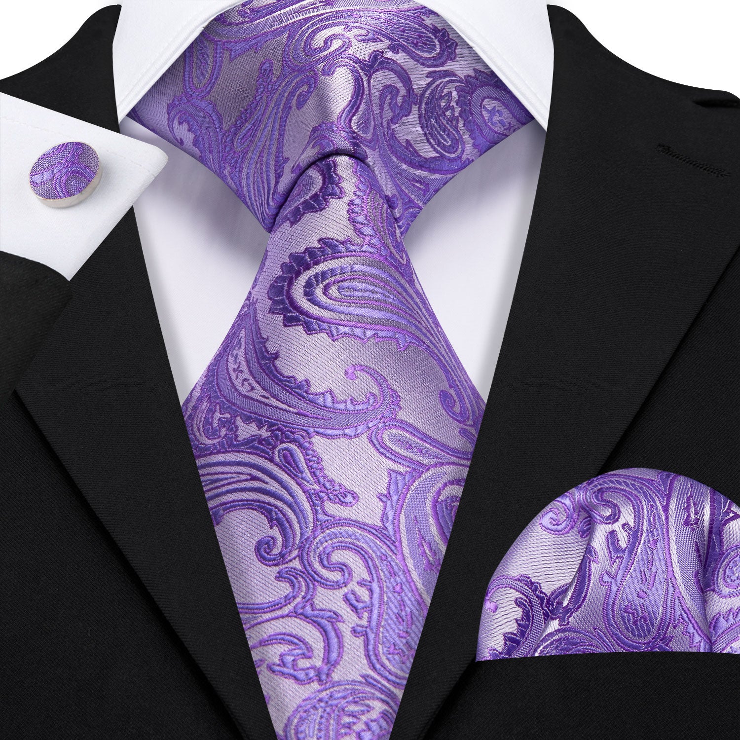 Purple Silver Paisley Tie Handkerchief Cufflinks Set