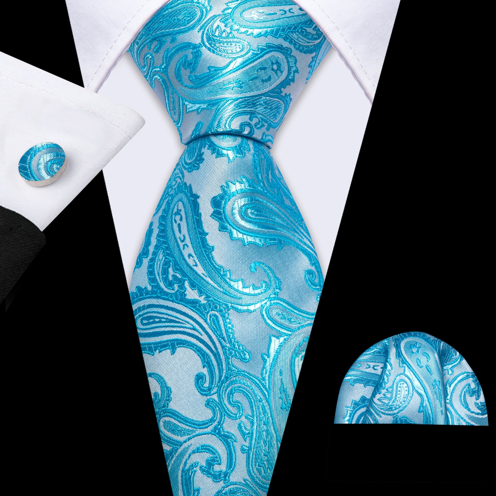 Pale Blue Silver Paisley Silk Tie Handkerchief Cufflinks Set