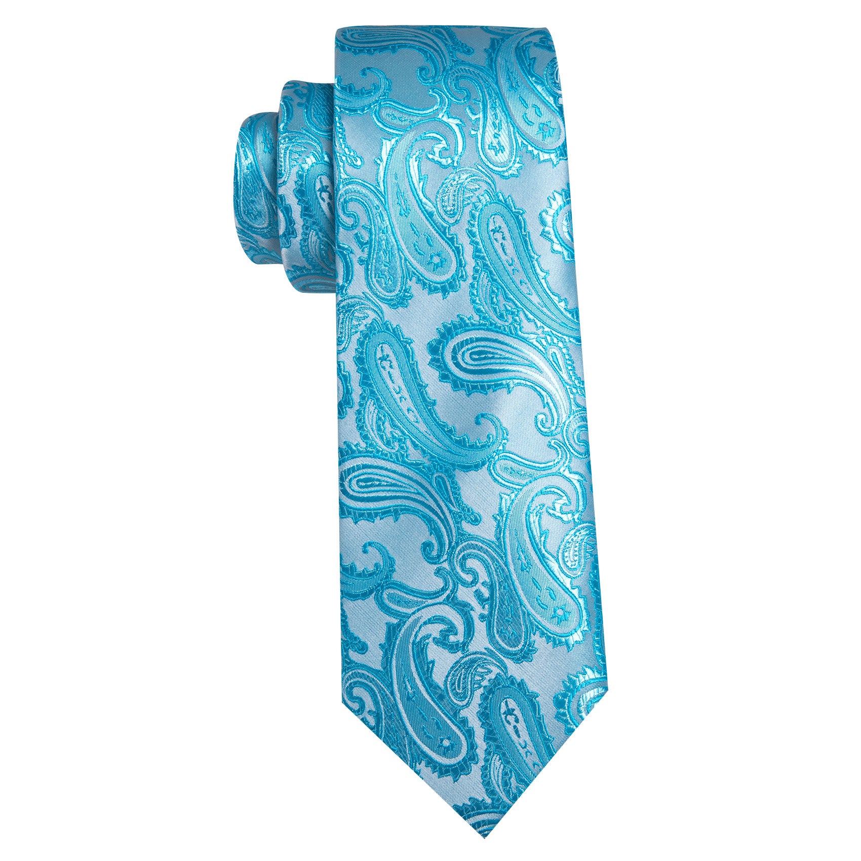 Pale Blue Silver Paisley Silk Tie Handkerchief Cufflinks Set