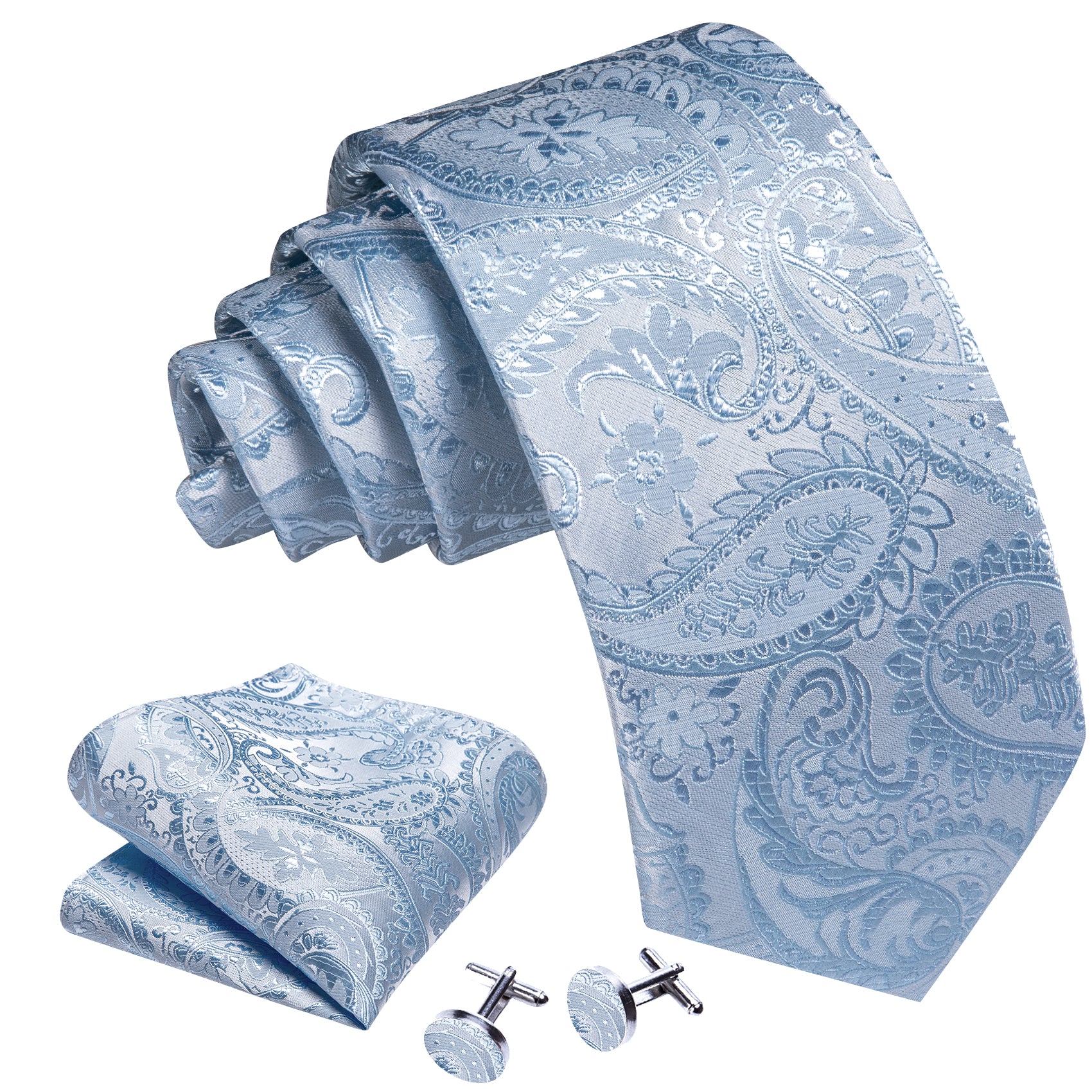 Light Blue Paisley Tie Handkerchief Cufflinks Set