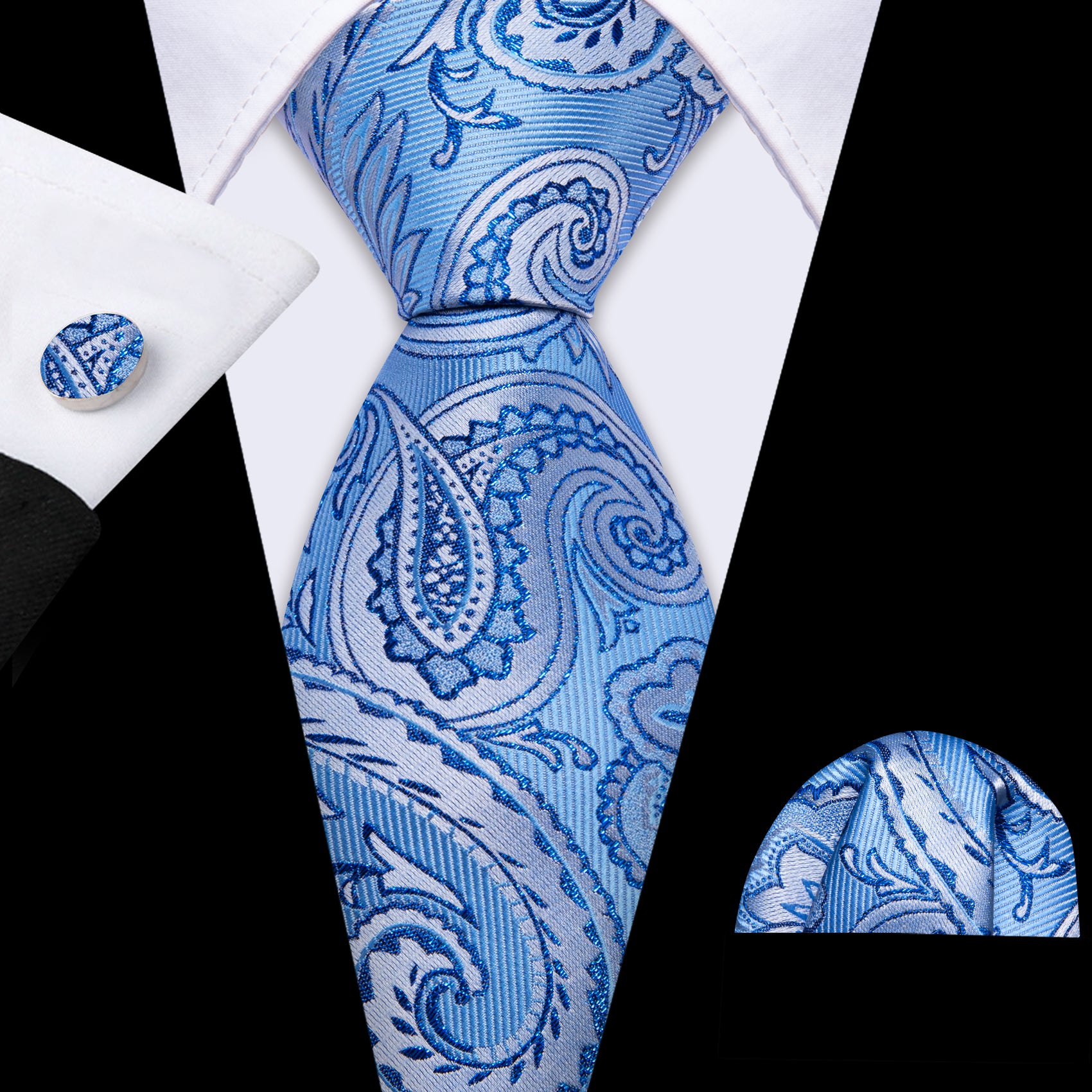 Sky Blue Silver Paisley Silk Tie Handkerchief Cufflinks Set
