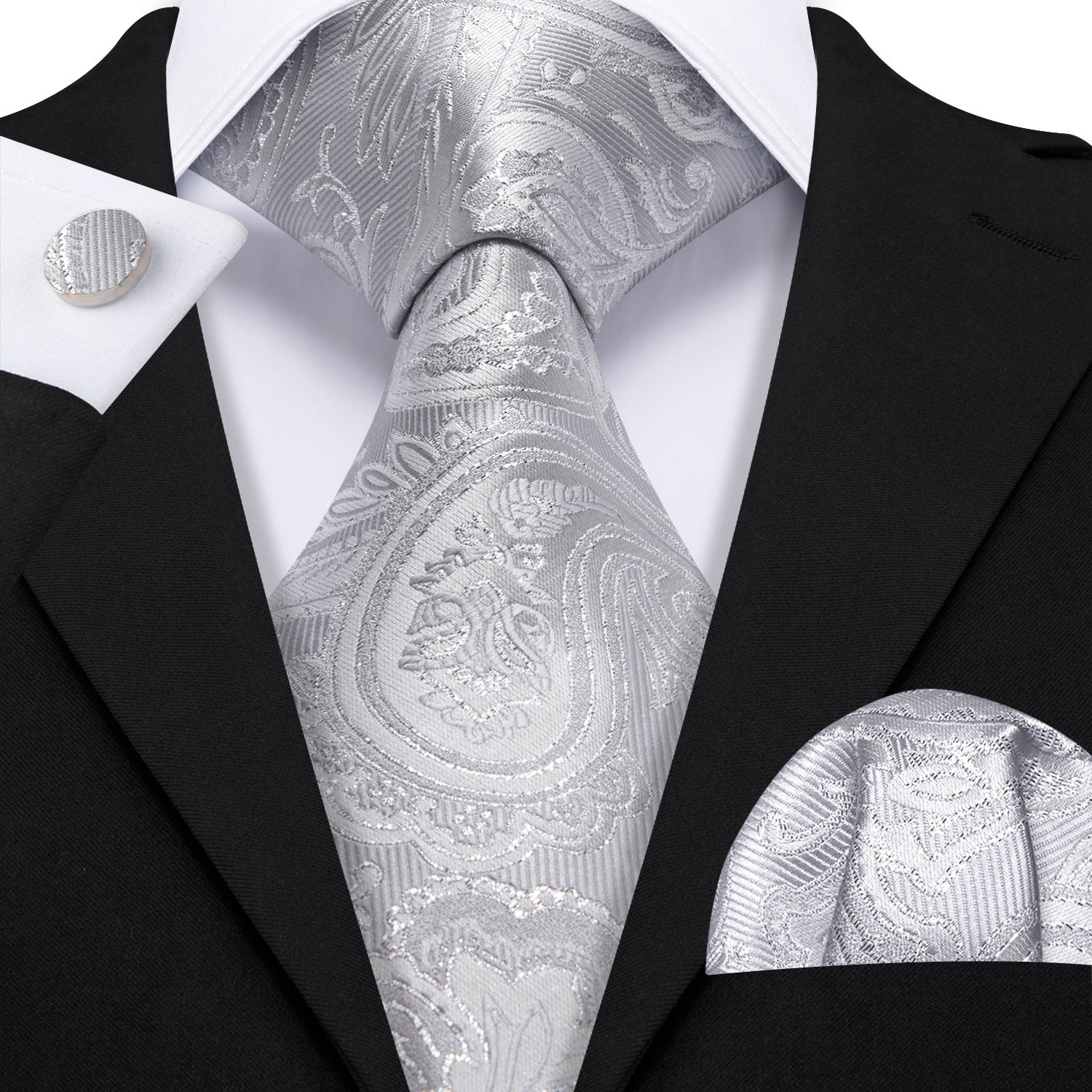 Grey Paisley Silk Tie Handkerchief Cufflinks Set