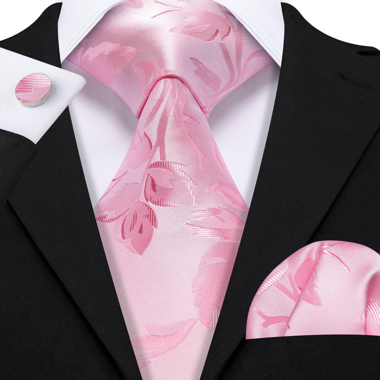 Pink Leaf Floral Silk Tie Handkerchief Cufflinks Set