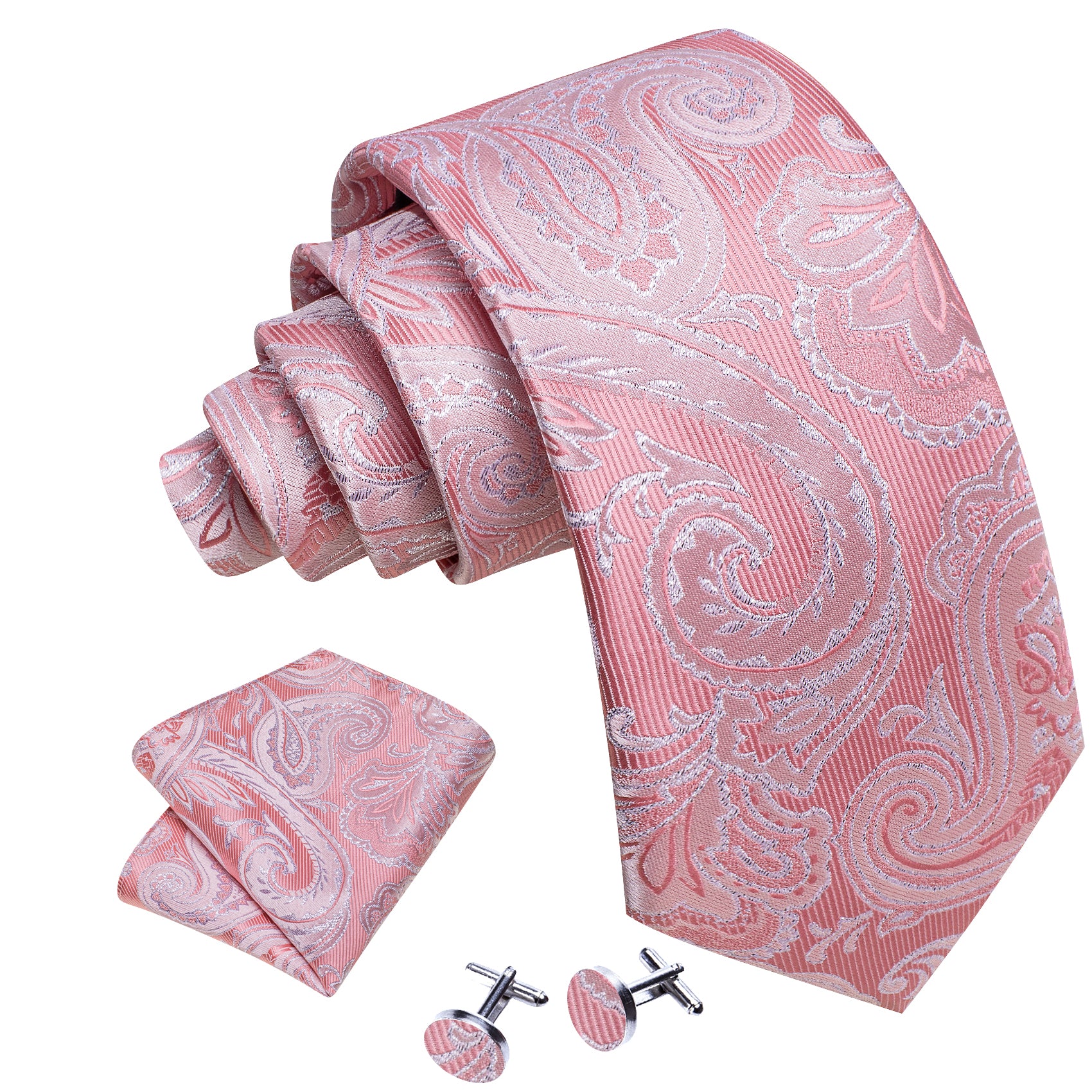 Pink White Paisley Silk Tie Hanky Cufflinks Set