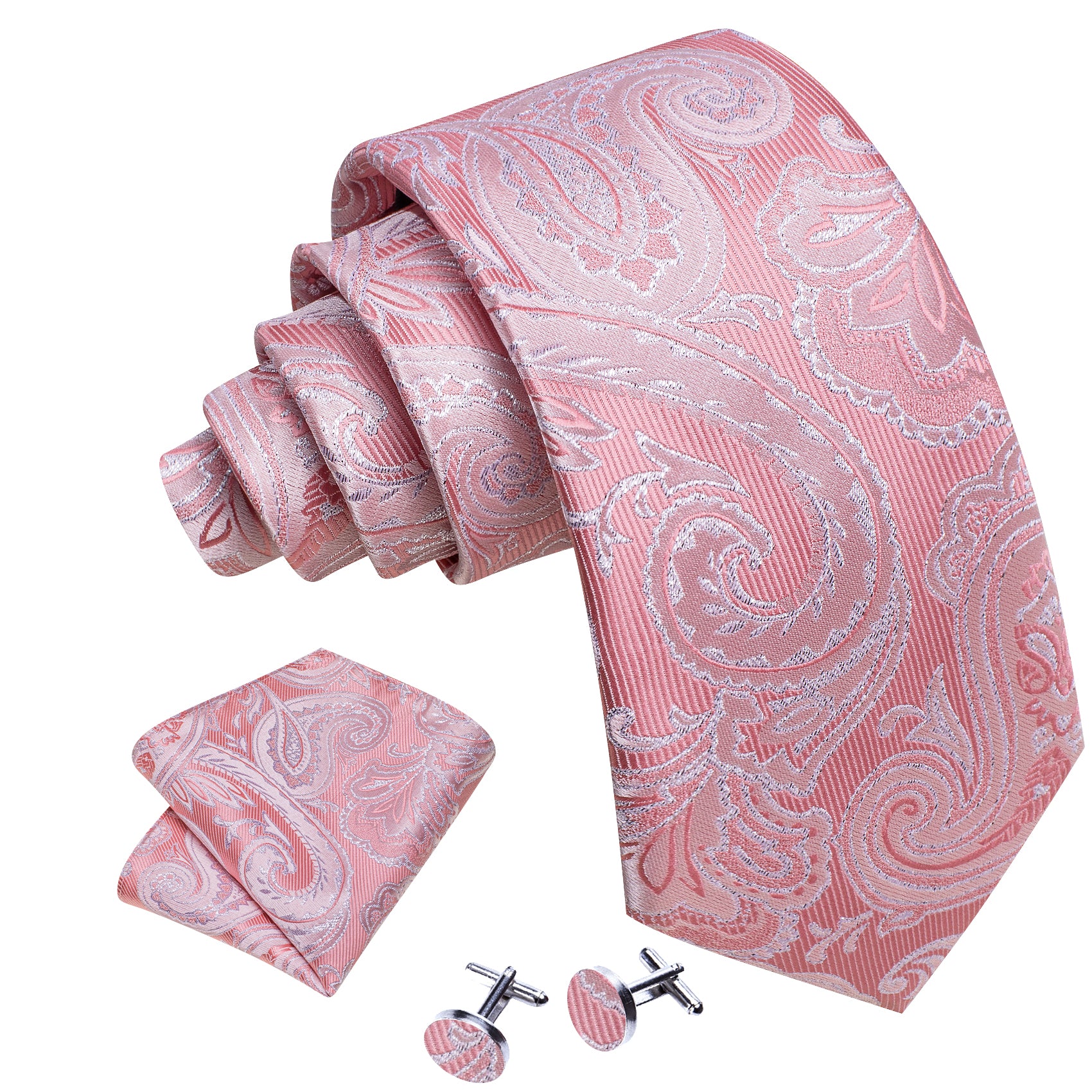  Pink Men's Wedding Paisley Silk Necktie Hanky Cufflinks Set