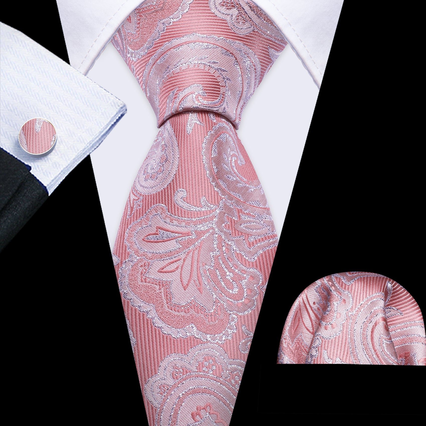  Pink Men's Wedding Paisley Silk Necktie Hanky Cufflinks Set