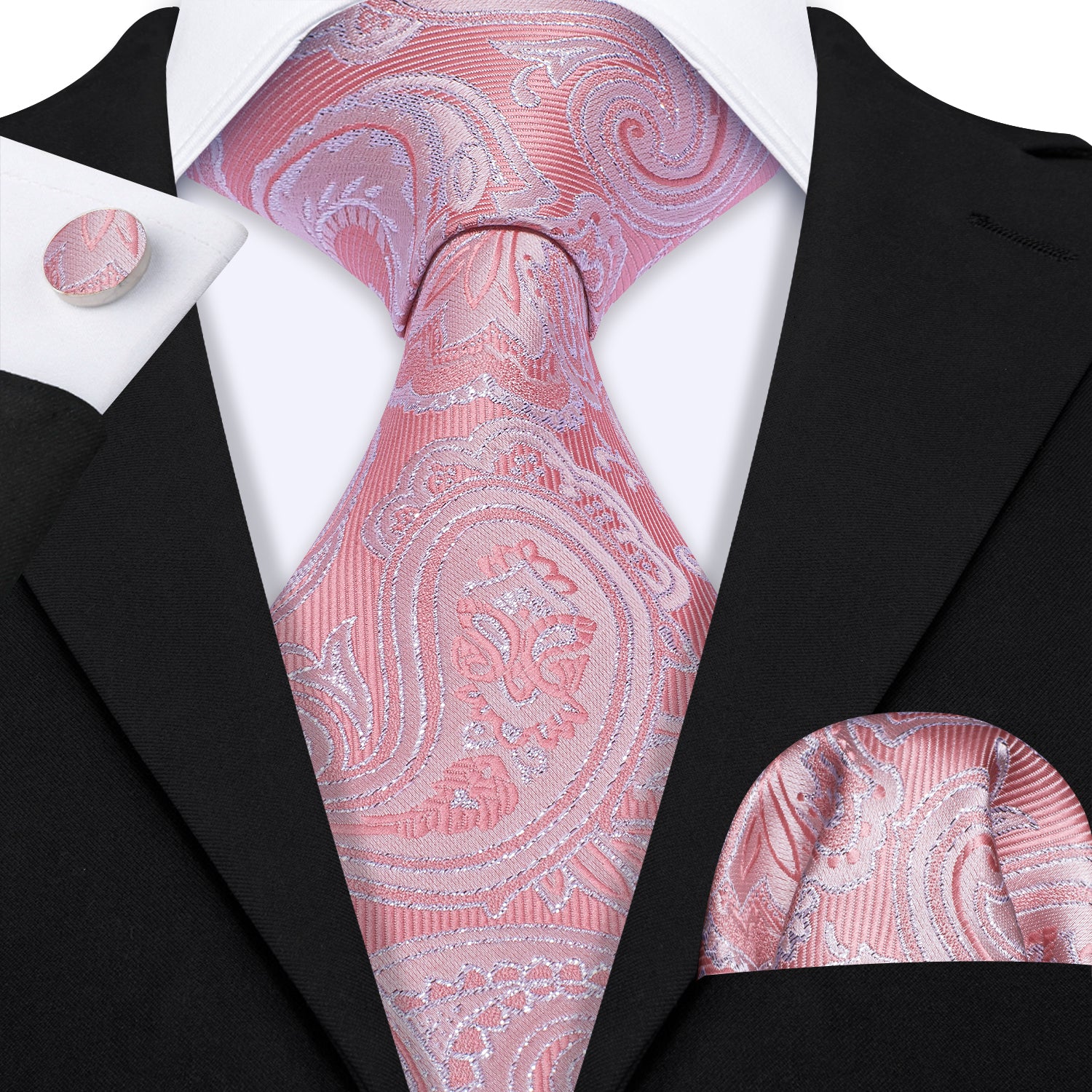 Pink White Paisley Silk Tie Hanky Cufflinks Set