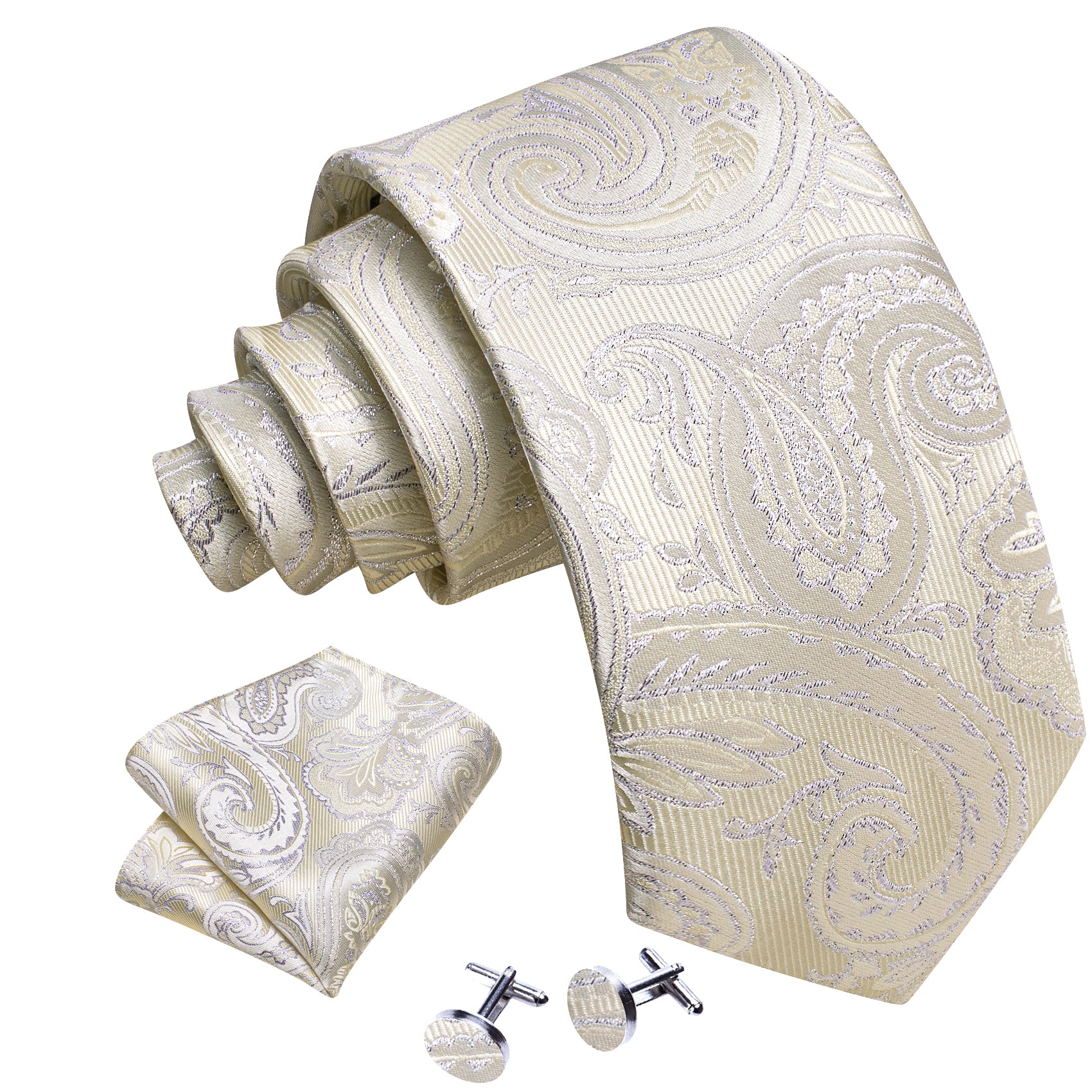 Yellow Silver Paisley Silk Tie Hanky Cufflinks Set