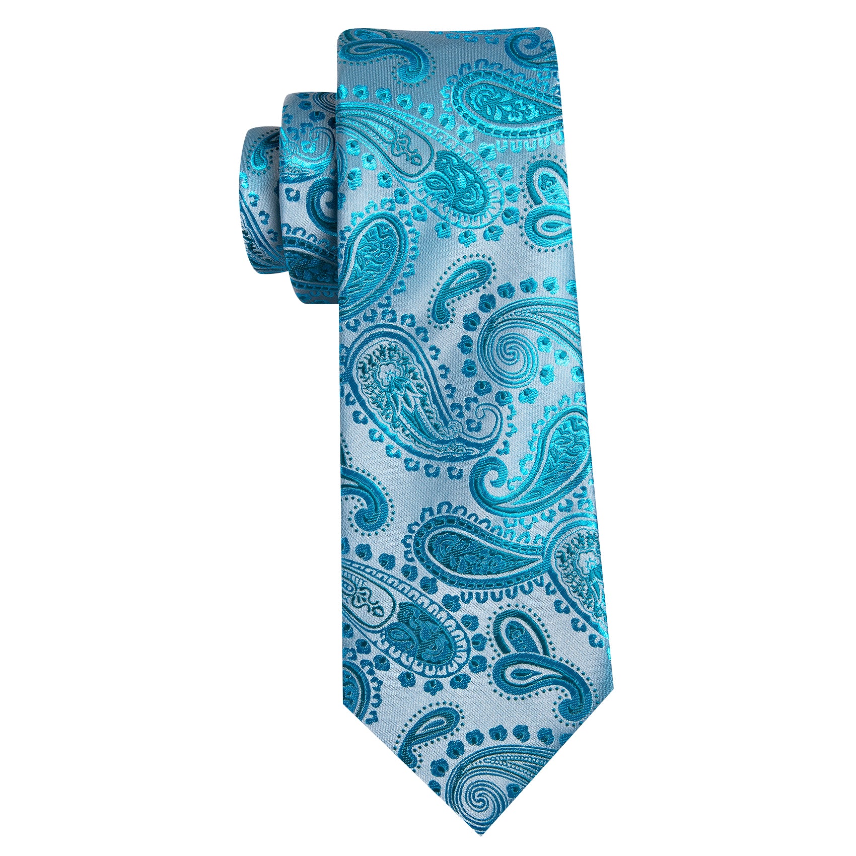 Beautiful Sky Blue Paisley Silk Tie Handkerchief Cufflinks Set