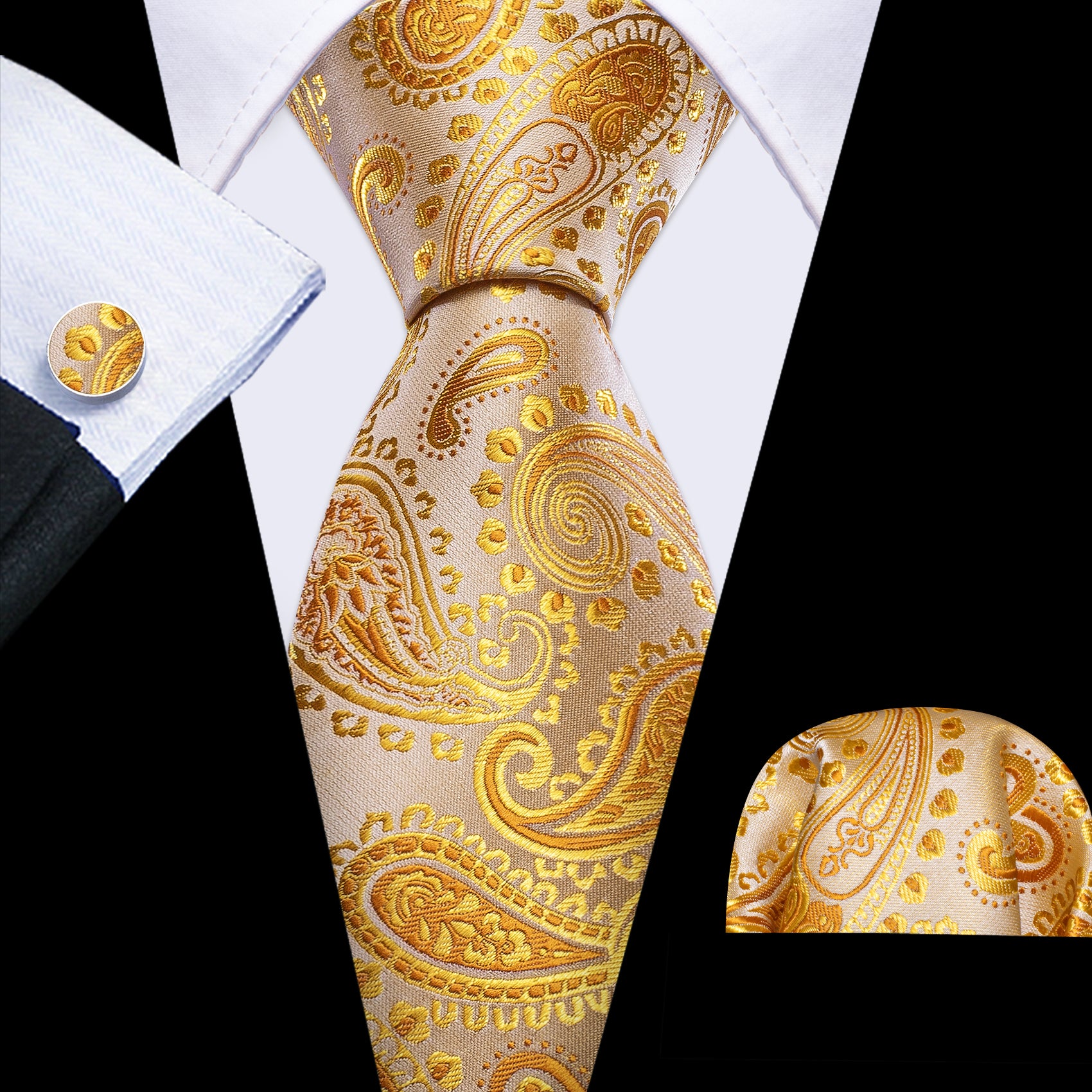 Gold Paisley Silk Tie Hanky Cufflinks Set