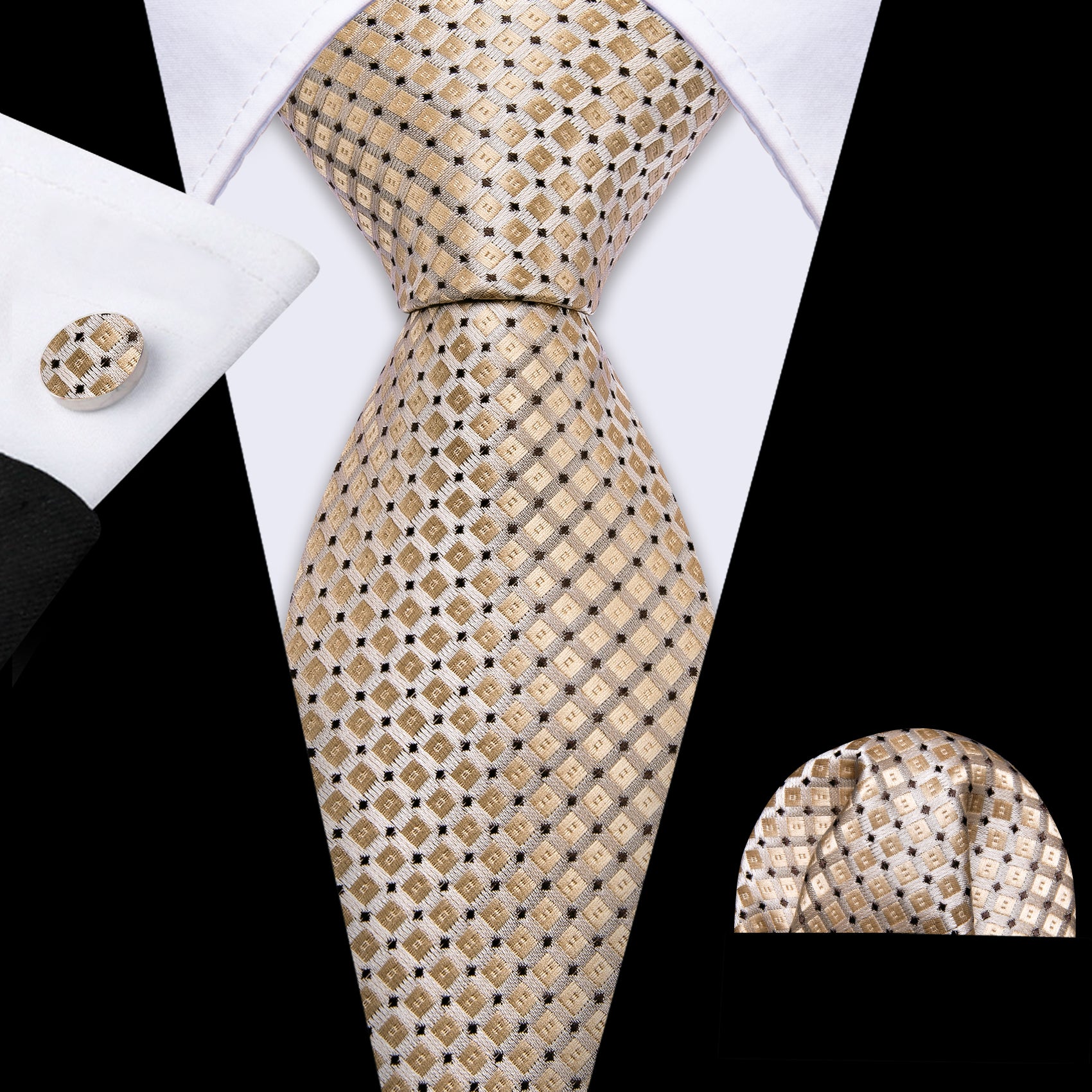 Novetly Tan Plaid Silk Tie Handkerchief Cufflinks Set