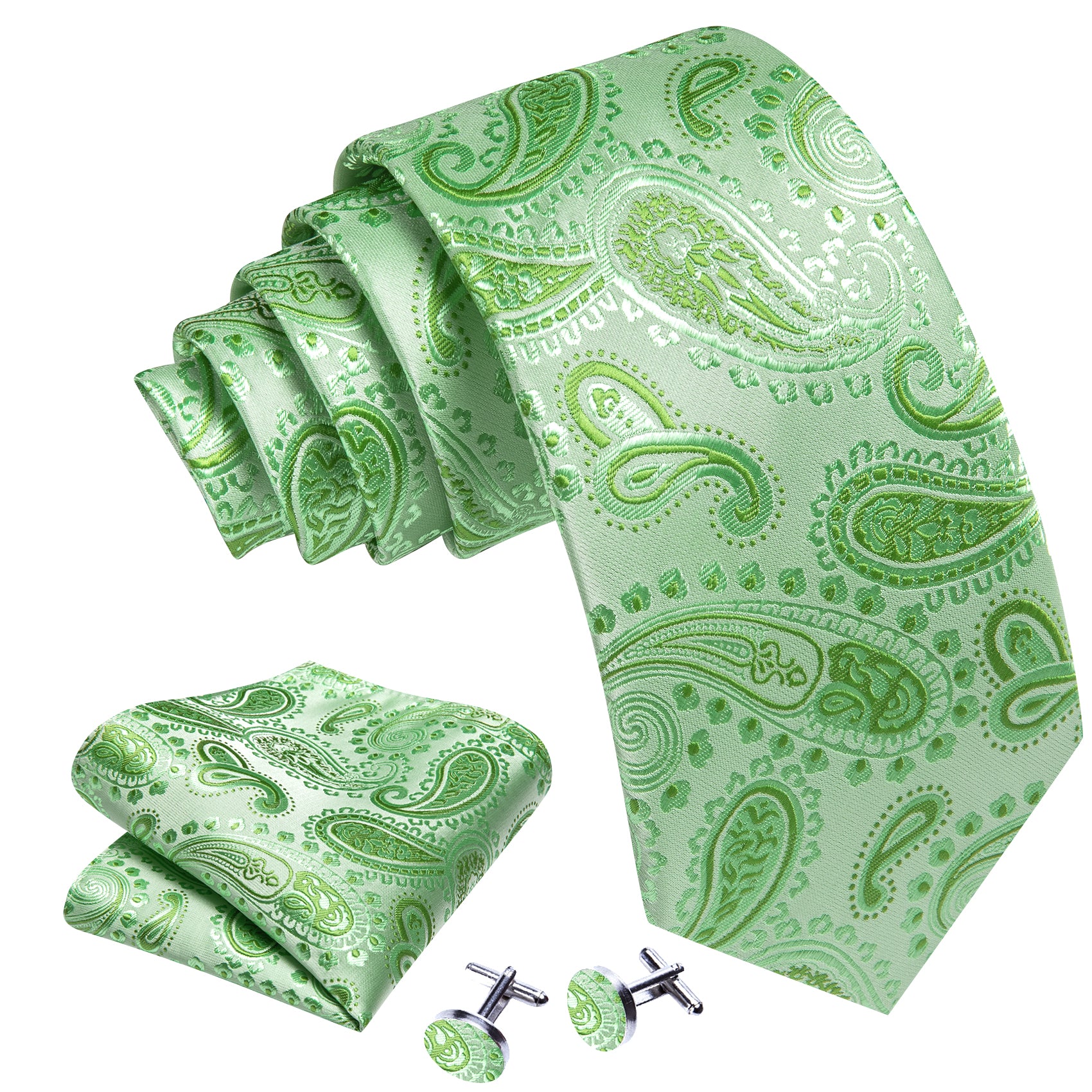 Turquoise Green Paisley Silk Tie Handkerchief Cufflinks Set