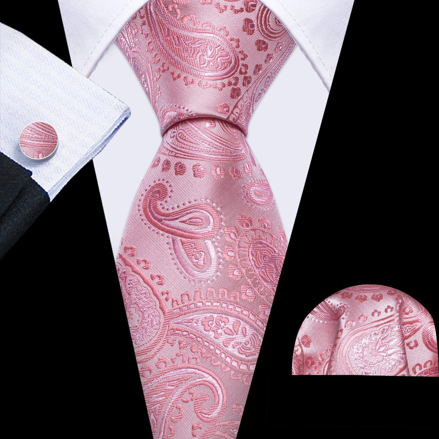 Pink Paisley Silk Tie Hanky Cufflinks Set