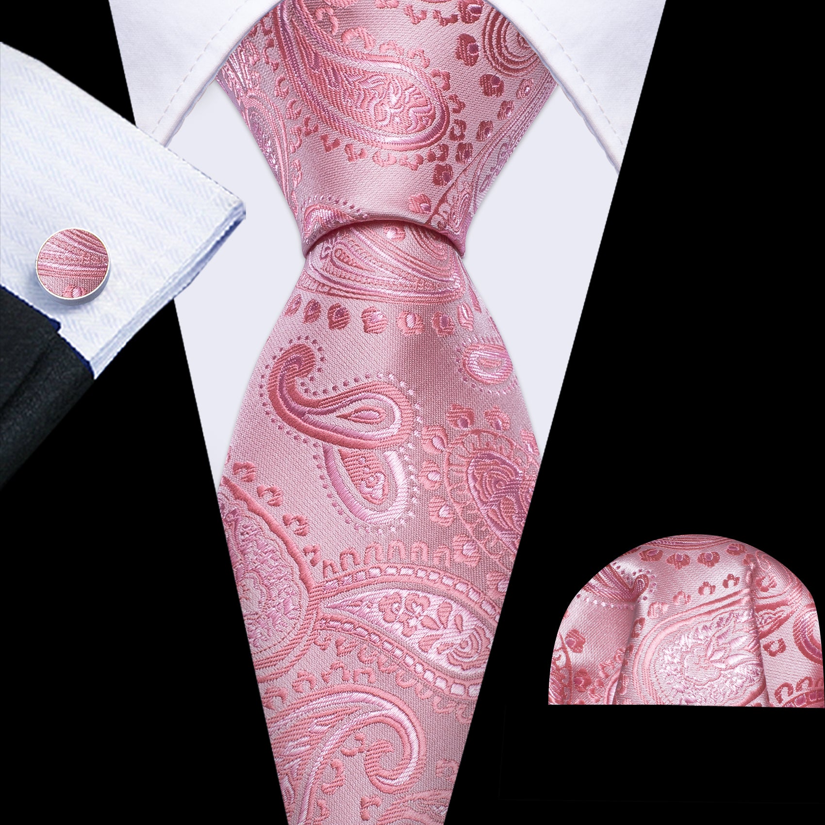  Wedding Tie Pink Paisley Silk Necktie Hanky Cufflinks Set
