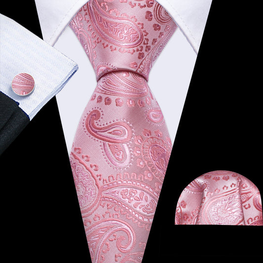  Wedding Tie Pink Paisley Silk Necktie Hanky Cufflinks Set