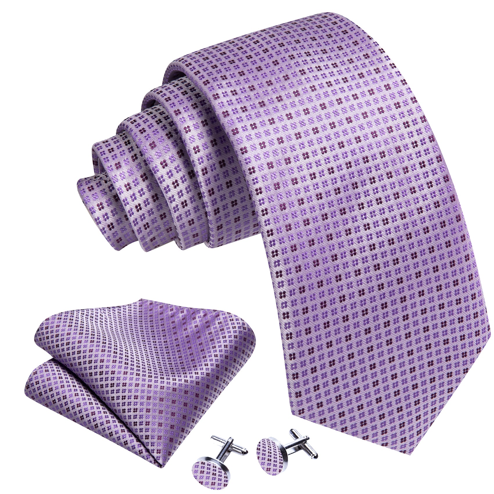 Classy Purple Floral Silk Tie Handkerchief Cufflinks Set
