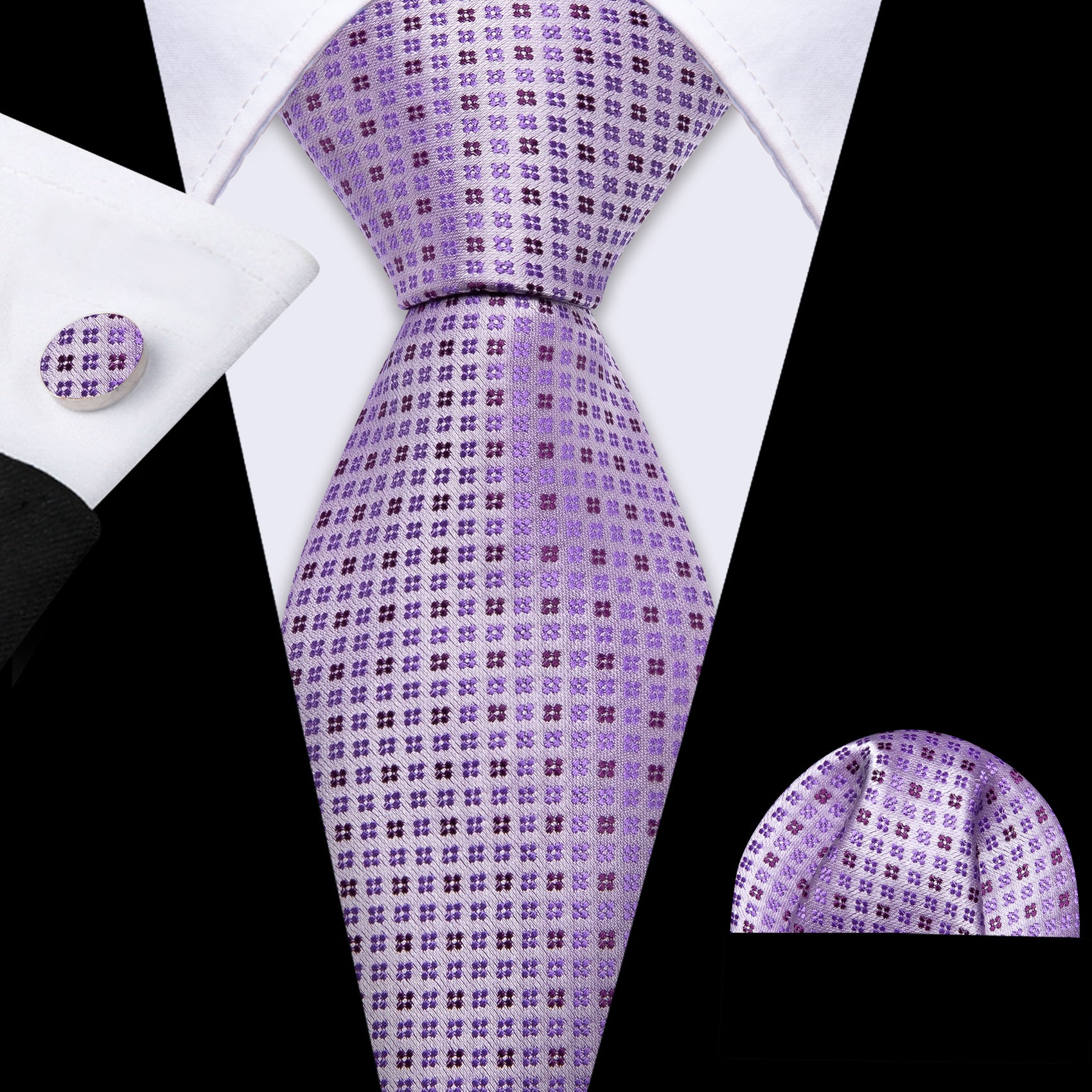 Barry.wang Floral Tie Classy Purple Jacquard Silk Tie Hanky Cufflinks Set