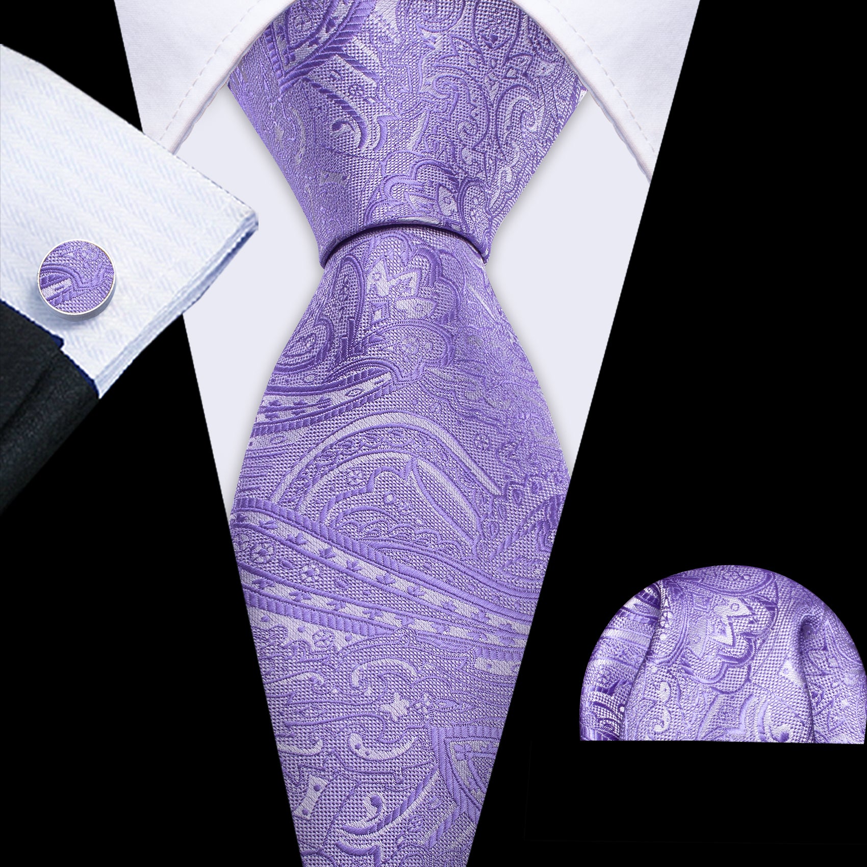 Purple Paisley Silk Tie Hanky Cufflinks Set