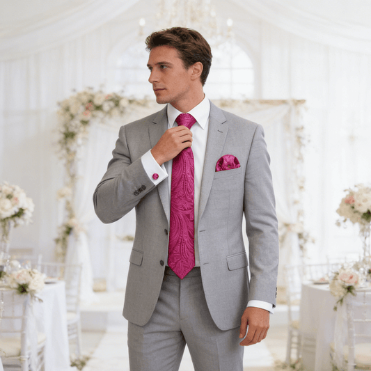 Barry. Wang Mens Tie Paisley Fuchsia Pink Silk Men's Tie Hanky Cufflinks Set