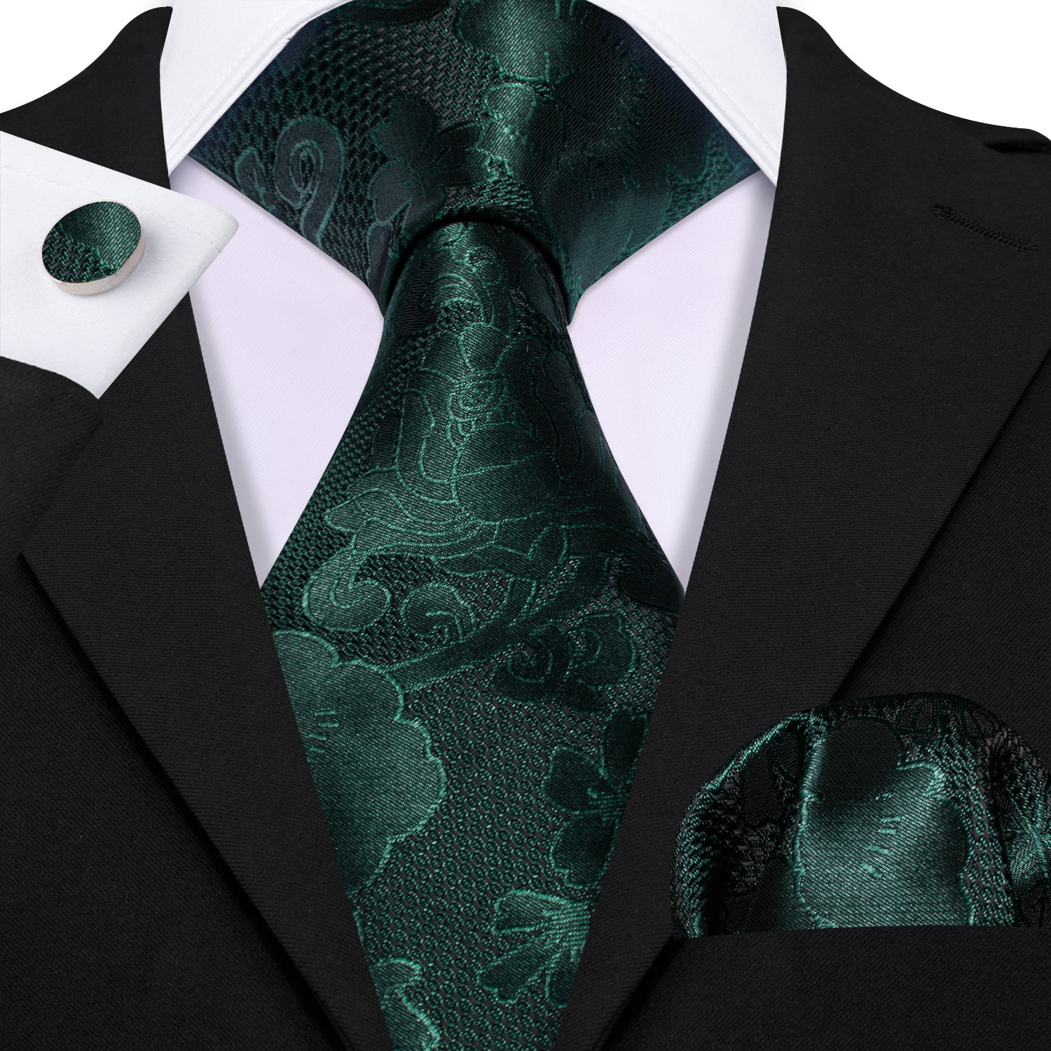 Barry Wang Dark Green Tie Flower Silk Tie Hanky Cufflinks Set