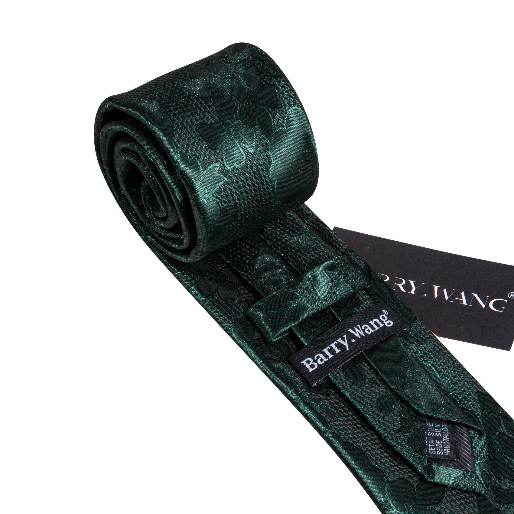 Barry Wang Dark Green Tie Flower Silk Tie Hanky Cufflinks Set