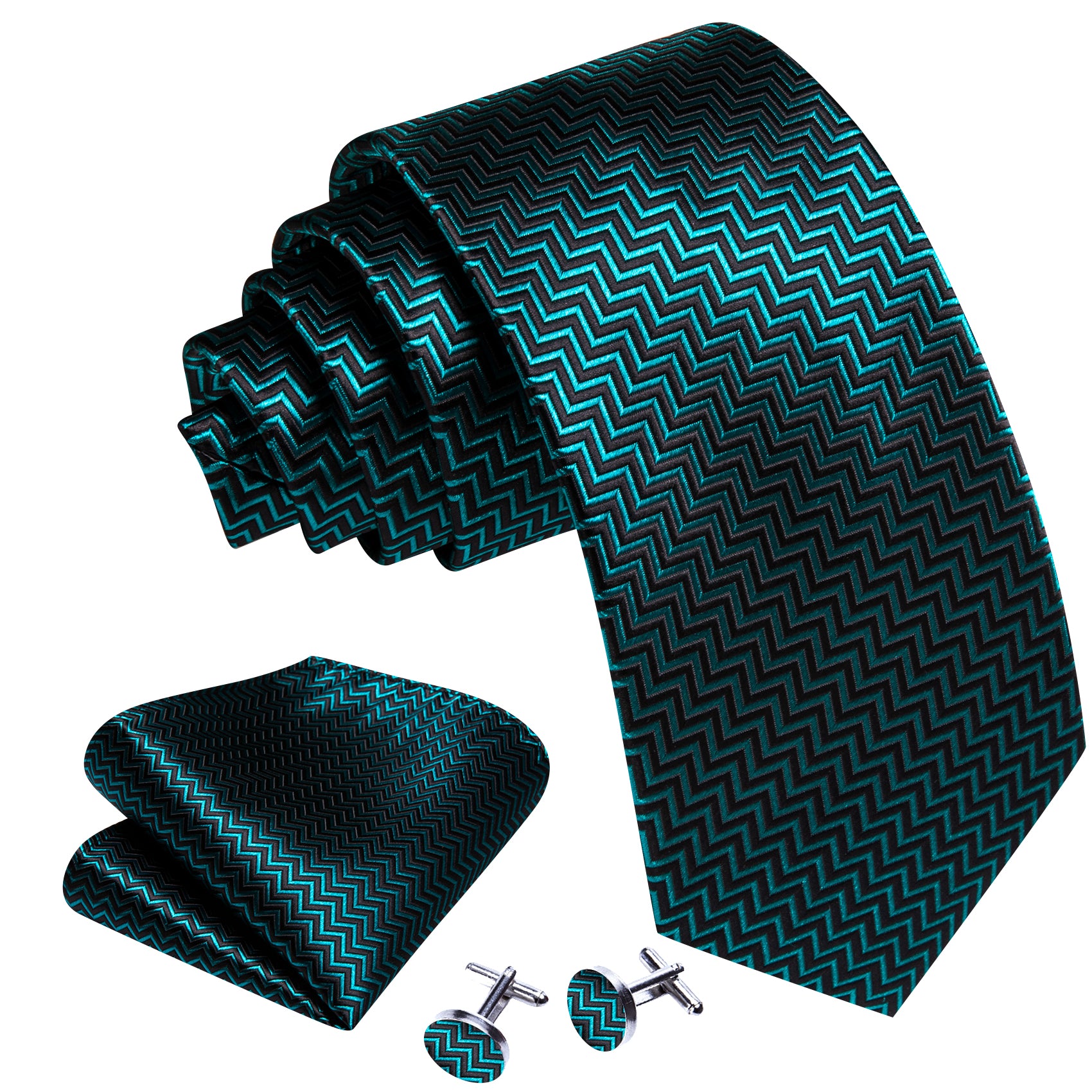 Blue Black Ripple Silk Tie Handkerchief Cufflinks Set