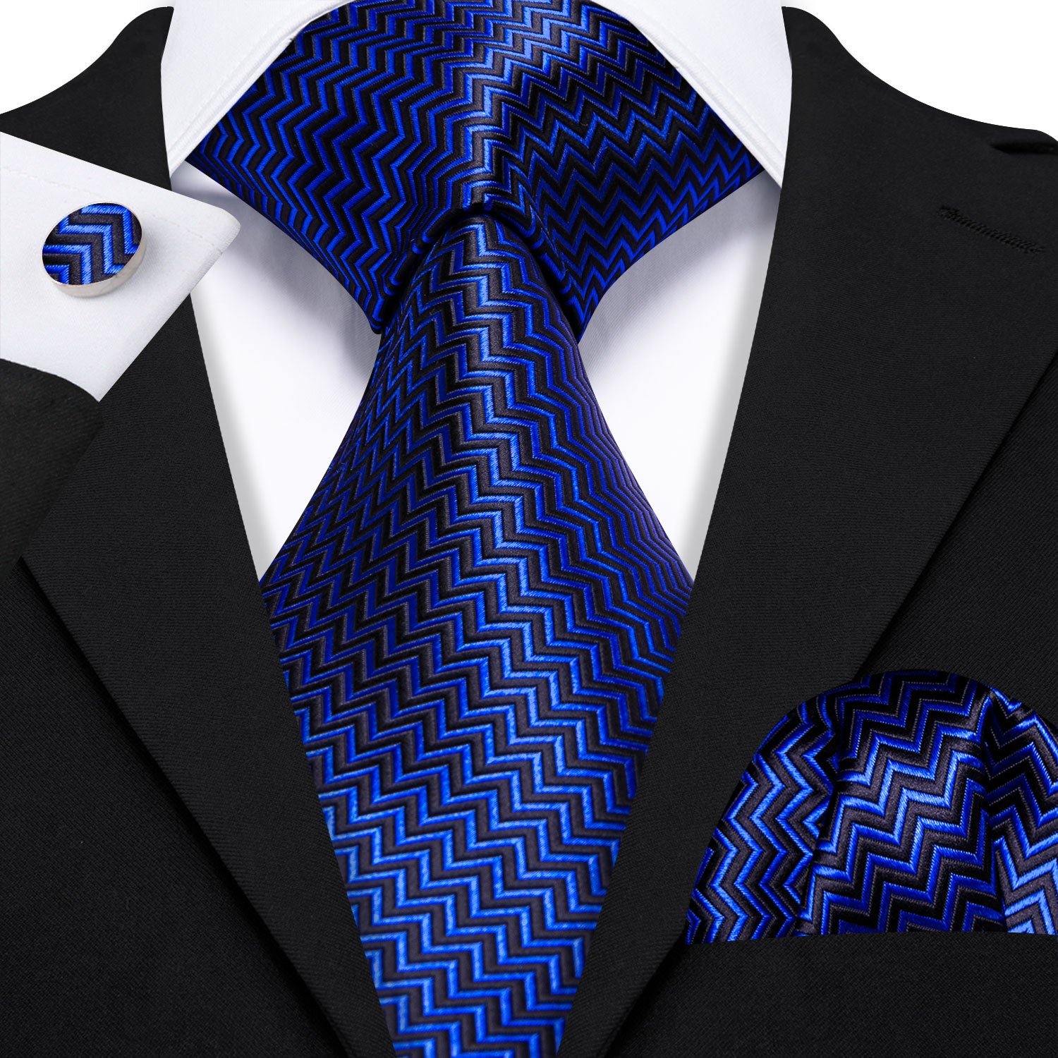 Cobalt Blue Black Ripple Silk Tie Handkerchief Cufflinks Set