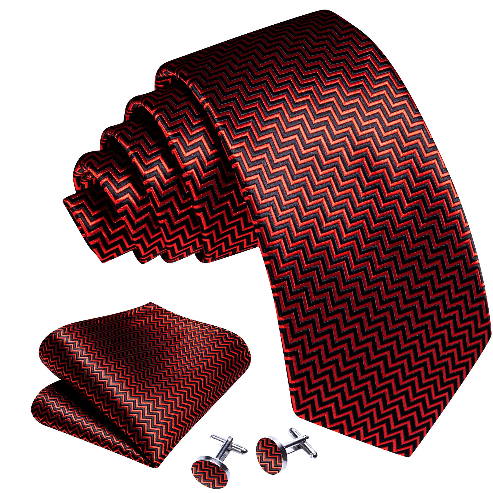 Red Black Striped Silk Tie Handkerchief Cufflinks Set
