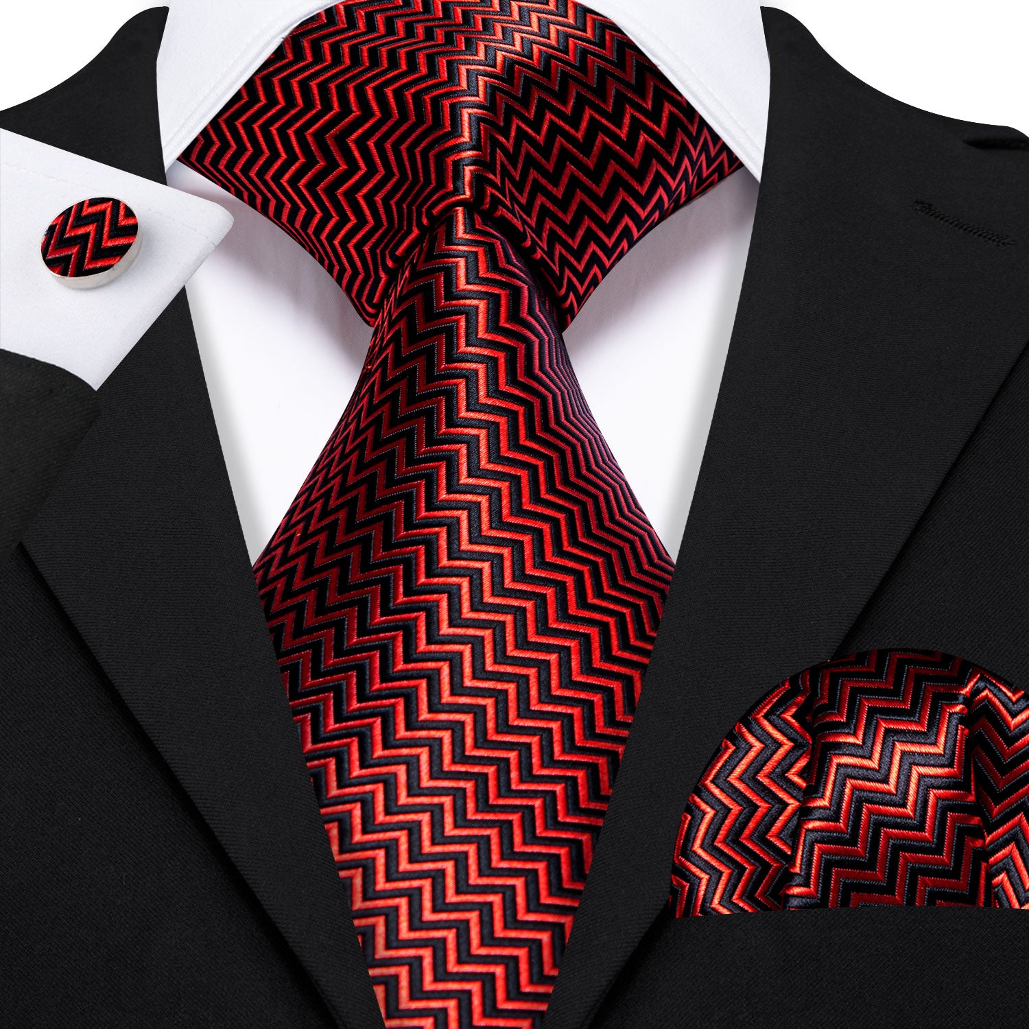 Red Black Striped Silk Tie Handkerchief Cufflinks Set