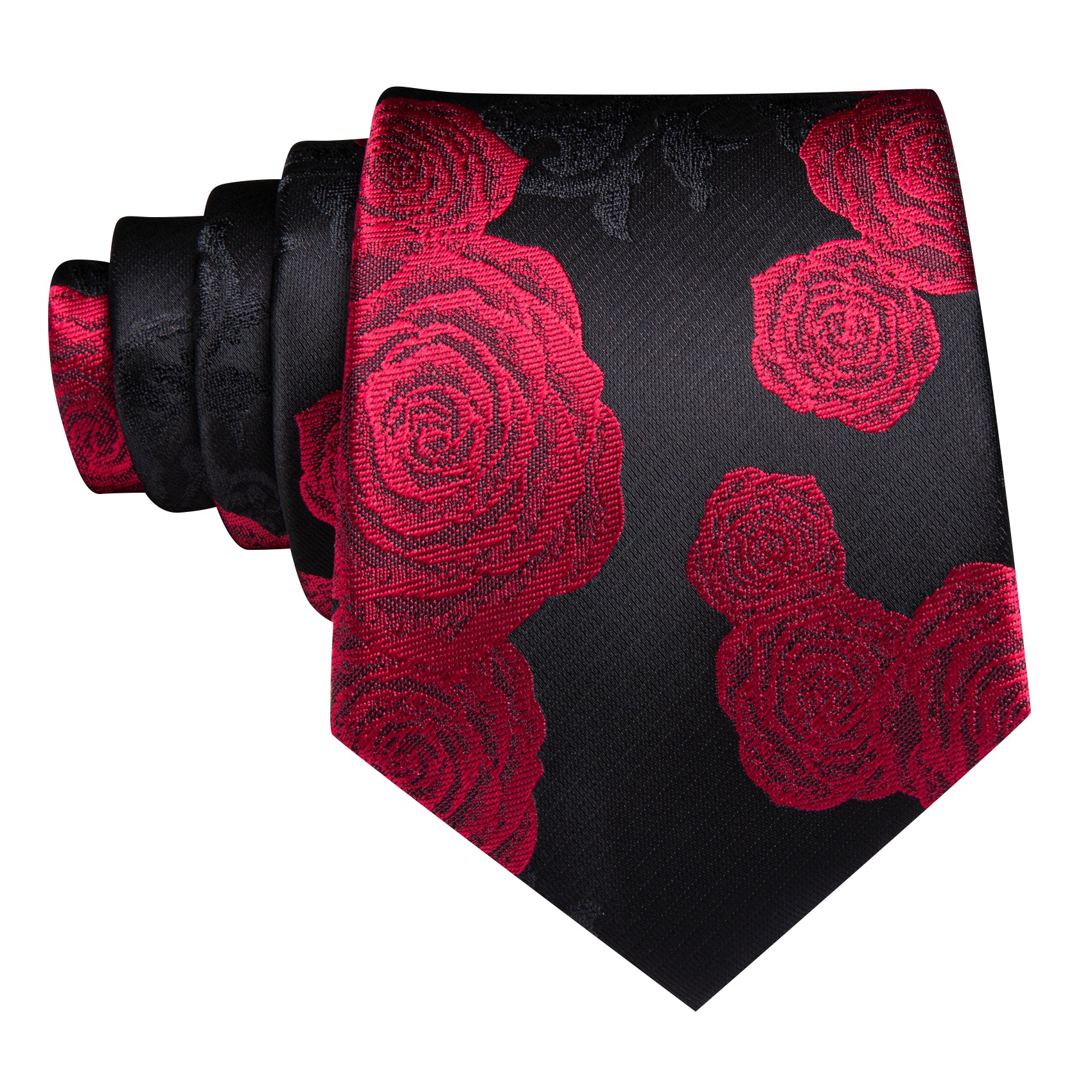 Black Red Flower Silk Tie Handkerchief Cufflinks Set