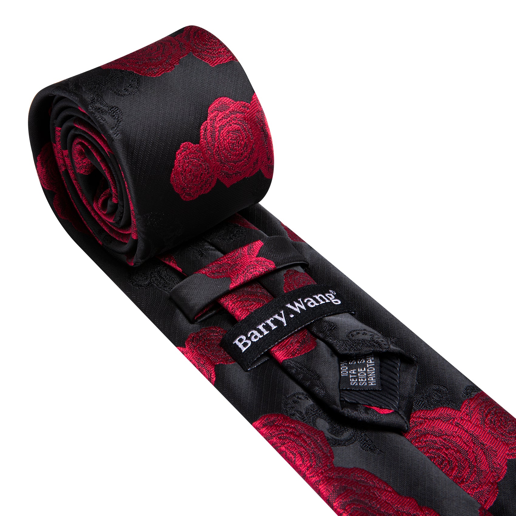 Black Red Flower Silk Tie Handkerchief Cufflinks Set