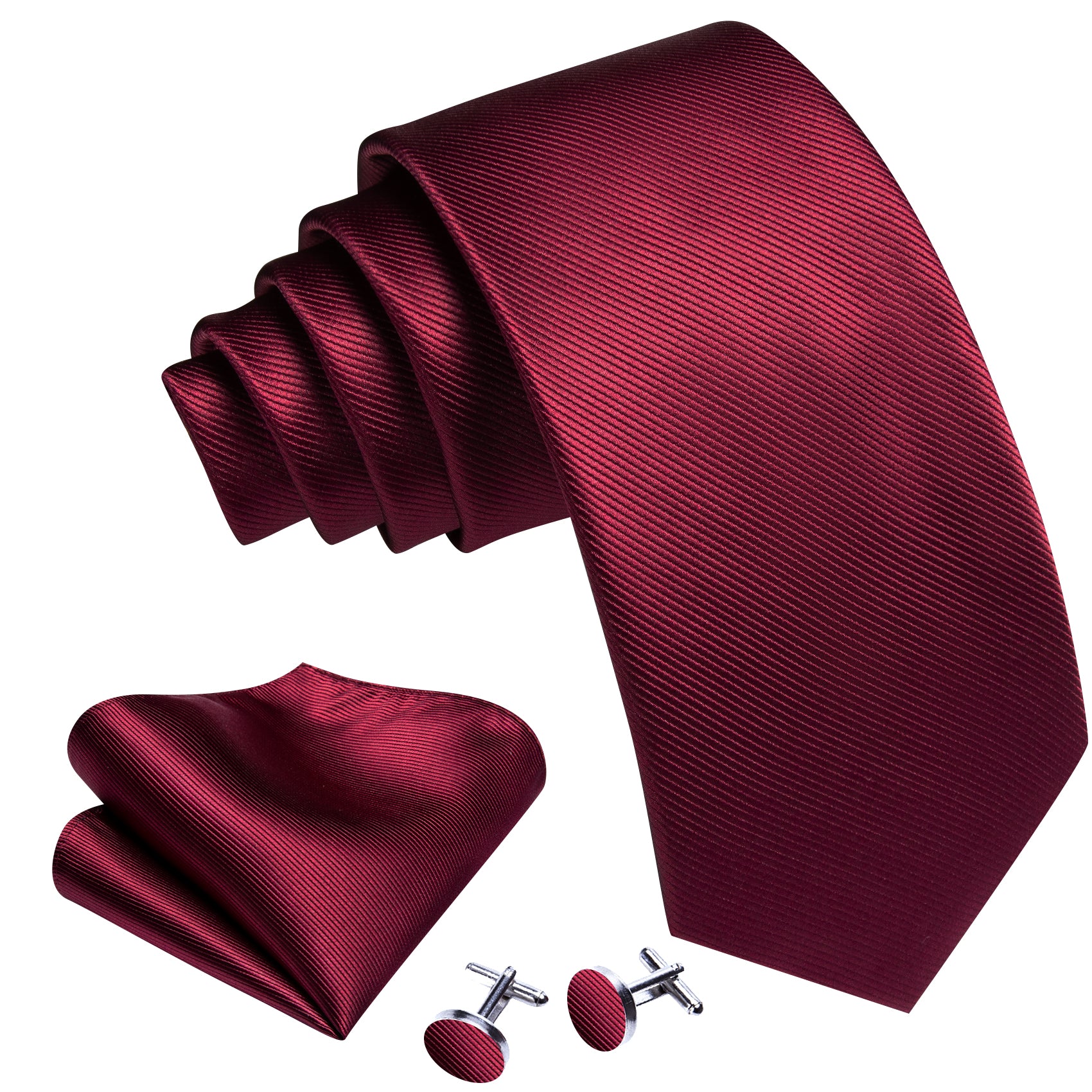 Burgundy Red Solid Tie Handkerchief Cufflinks Set