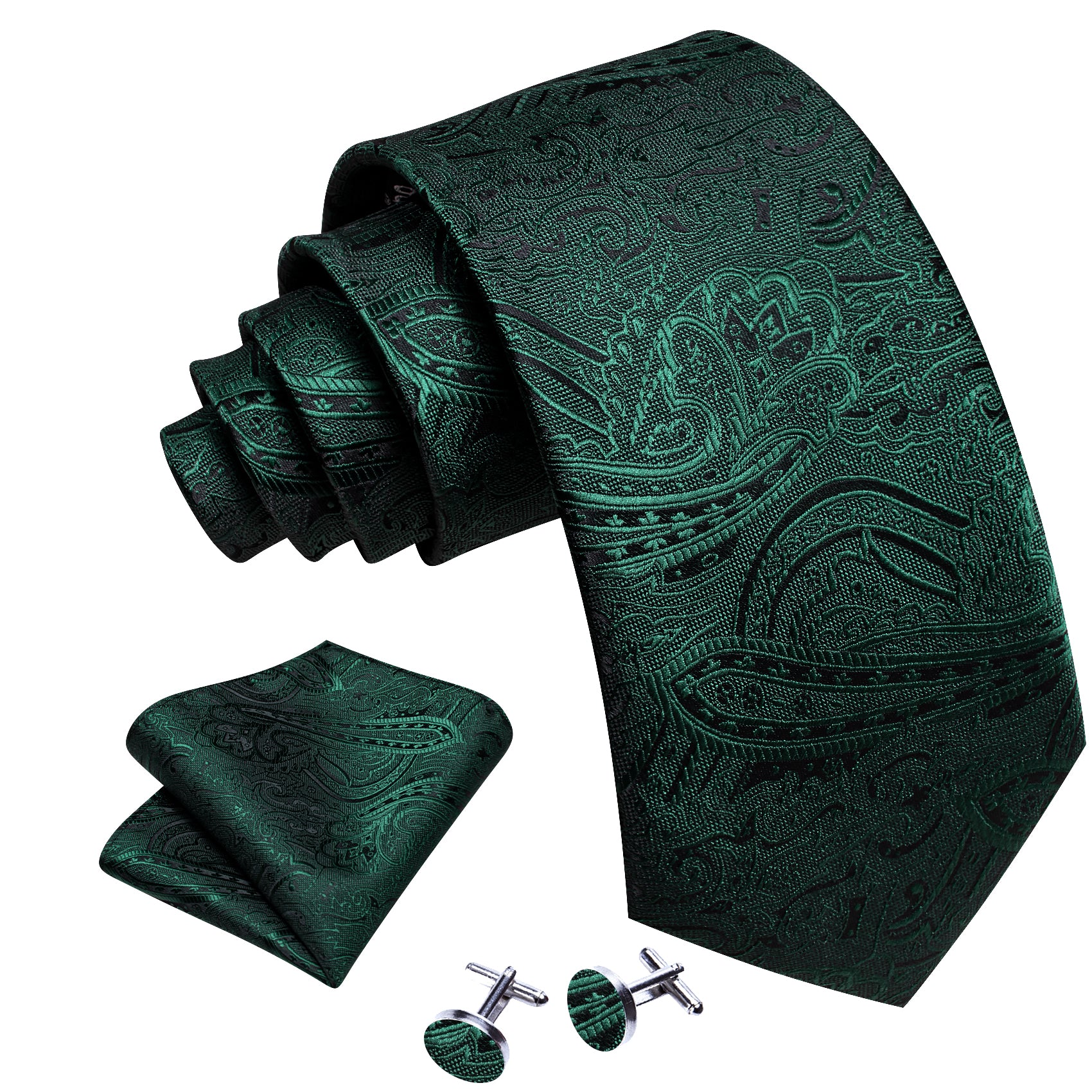 Barry.wang Green Tie Jacquard Paisley Silk Men's Tie Hanky Cufflinks Set