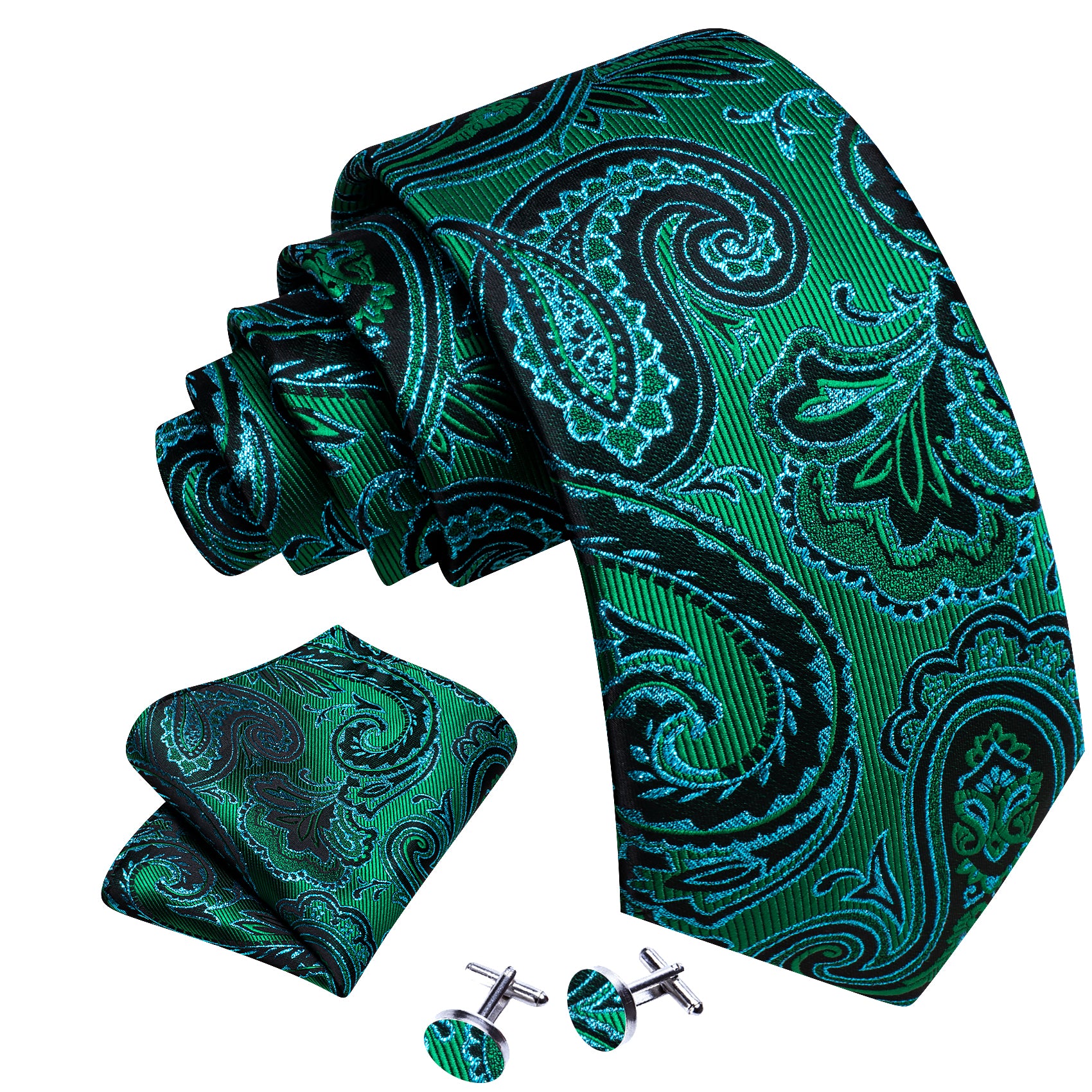 Barry Wang  Blue Green Paisley Silk Tie Hanky Cufflinks Set